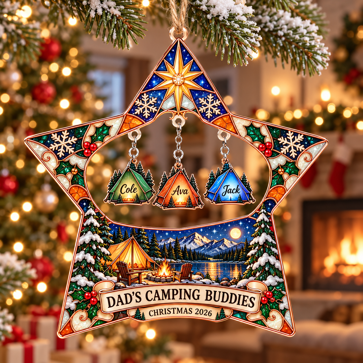 Stained-glass acrylic Christmas ornament with "DAD'S CAMPING BUDDIES" and personalised name charms