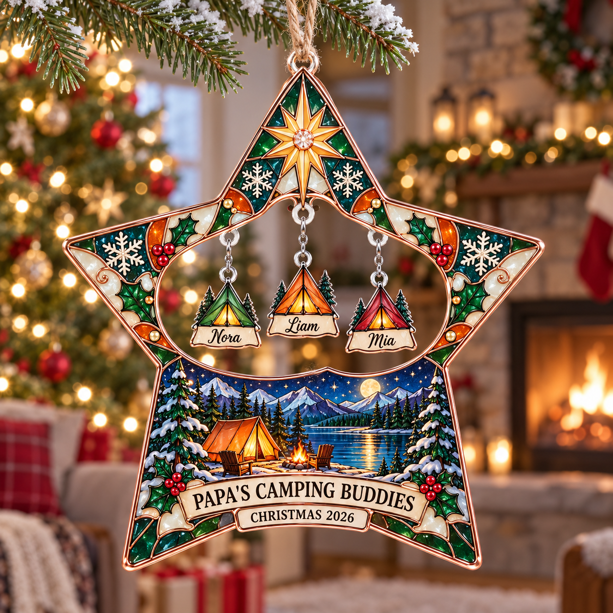 Stained-glass acrylic Christmas ornament with "PAPA'S CAMPING BUDDIES" and personalised name charms