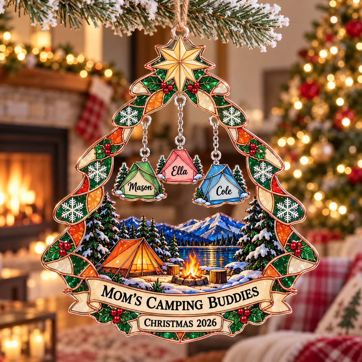 Stained-glass acrylic Christmas ornament with "MOM'S CAMPING BUDDIES" and personalised name charms