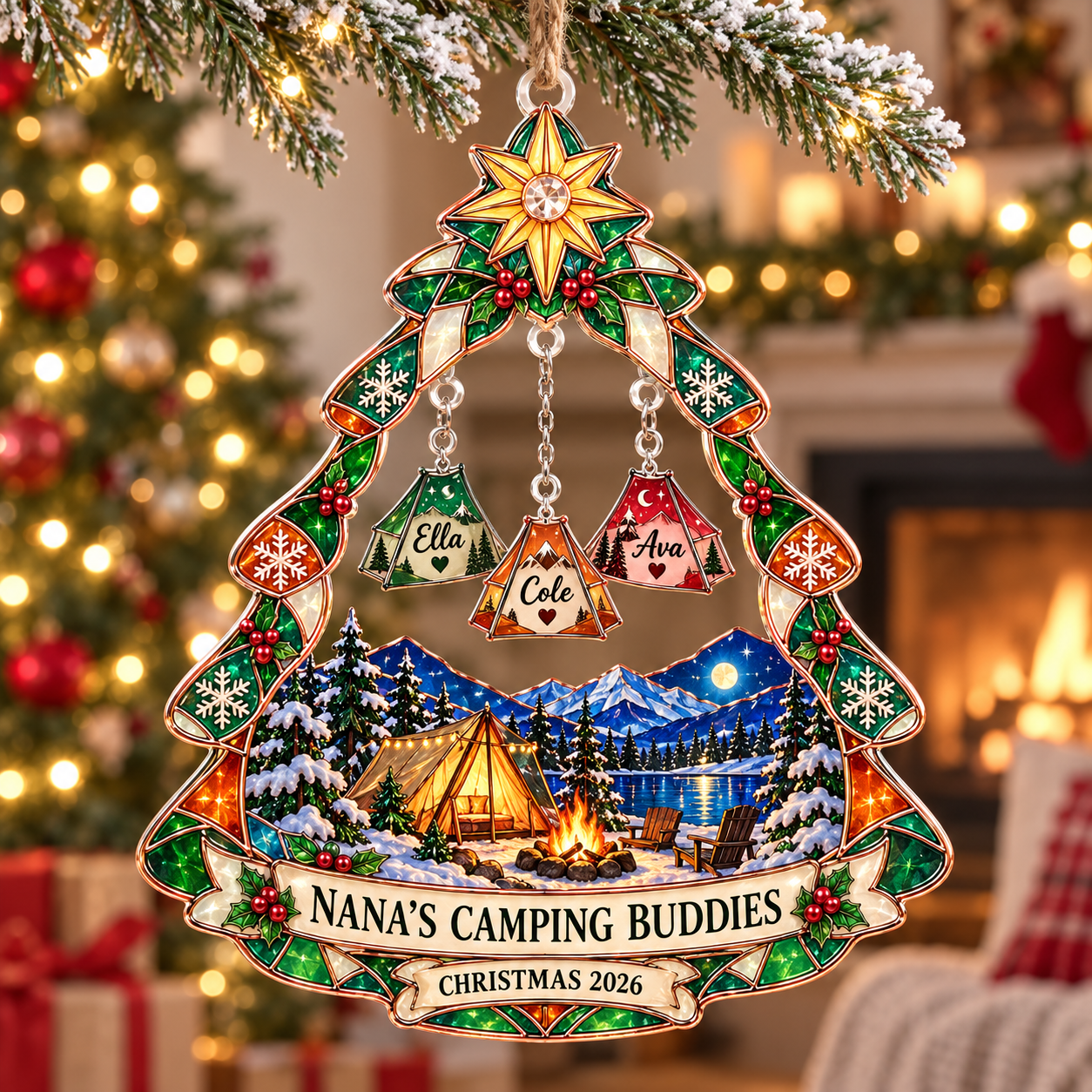 Stained-glass acrylic Christmas ornament with "NANA'S CAMPING BUDDIES" and personalised name charms