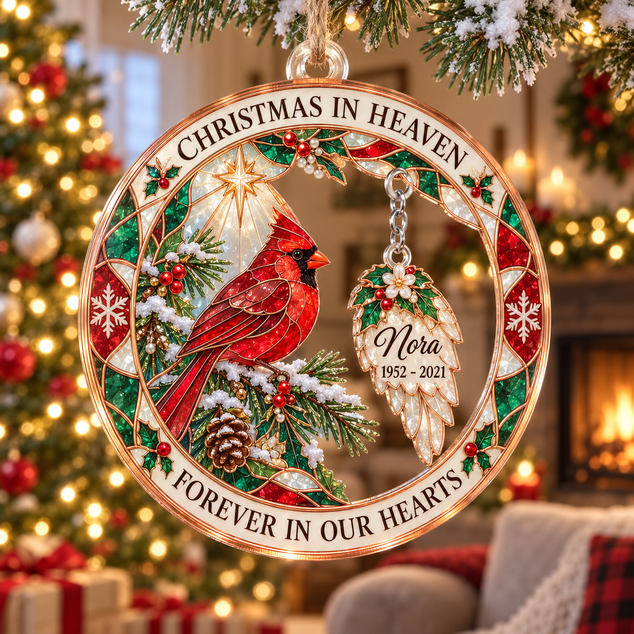 Stained-glass acrylic Christmas ornament with "CHRISTMAS IN HEAVEN" and personalised name charms