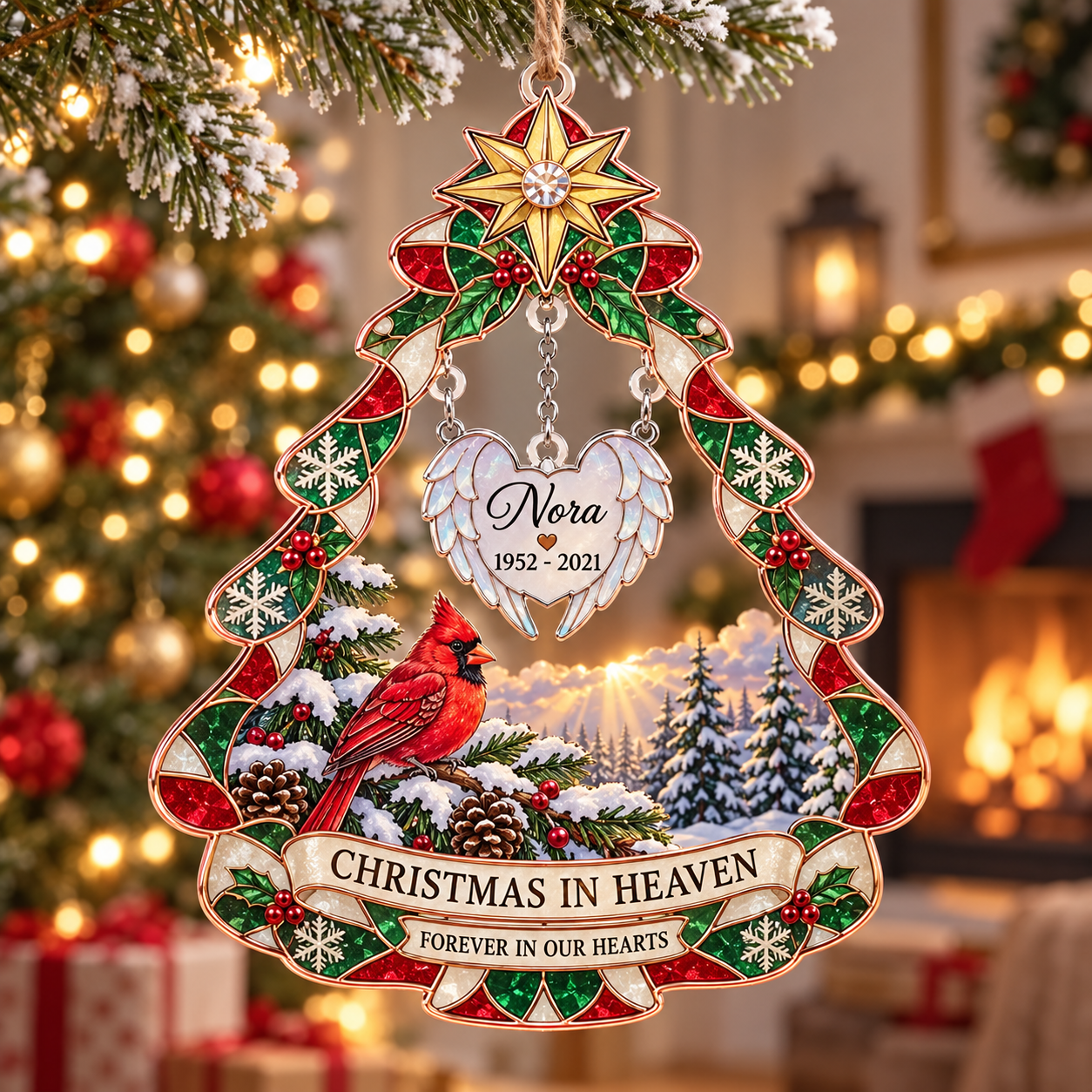 Stained-glass acrylic Christmas ornament with "CHRISTMAS IN HEAVEN" and personalised name charms