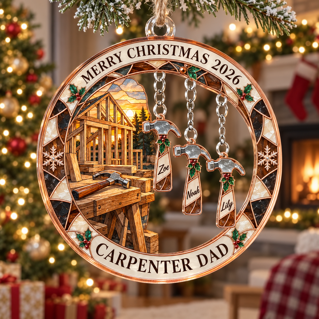 Stained-glass acrylic Christmas ornament with "CARPENTER DAD" and personalised name charms