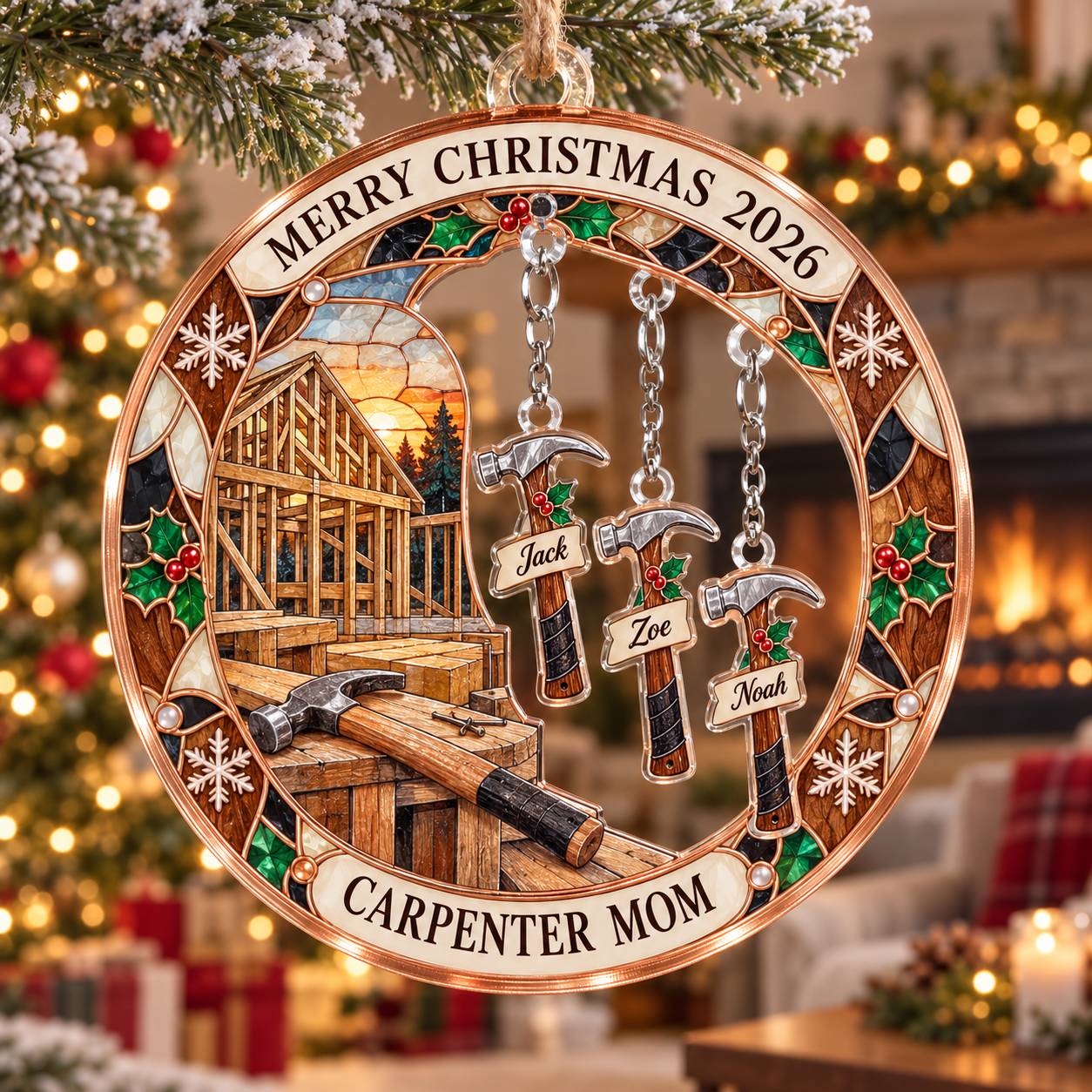 Stained-glass acrylic Christmas ornament with "CARPENTER MOM" and personalised name charms