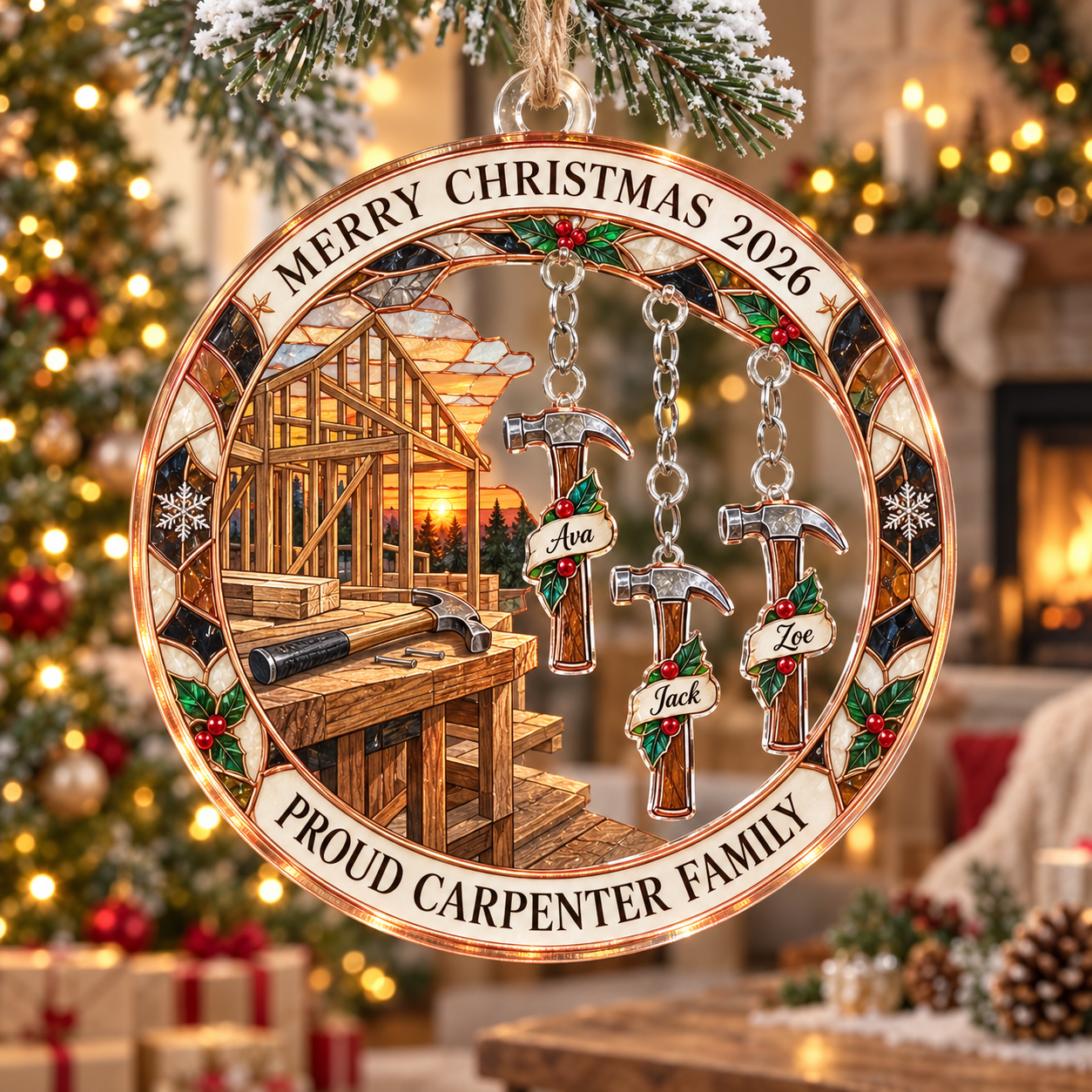 Stained-glass acrylic Christmas ornament with "PROUD CARPENTER FAMILY" and personalised name charms