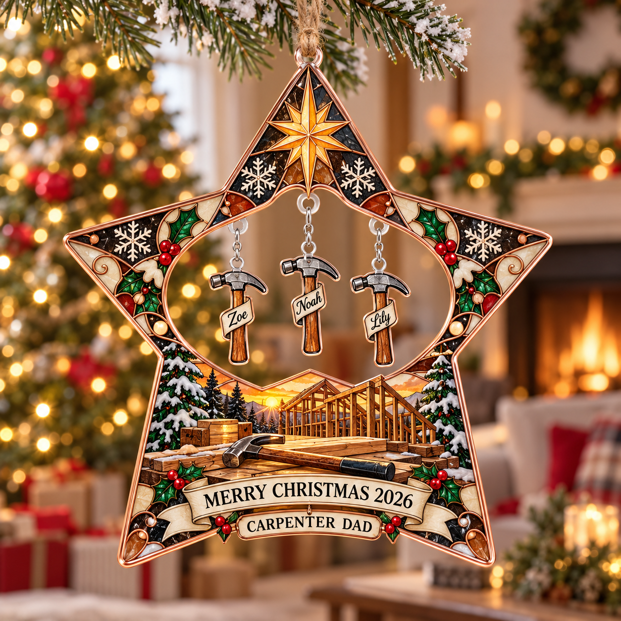 Stained-glass acrylic Christmas ornament with "CARPENTER DAD" and personalised name charms