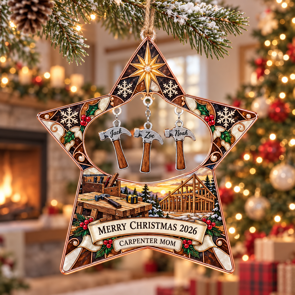 Stained-glass acrylic Christmas ornament with "CARPENTER MOM" and personalised name charms