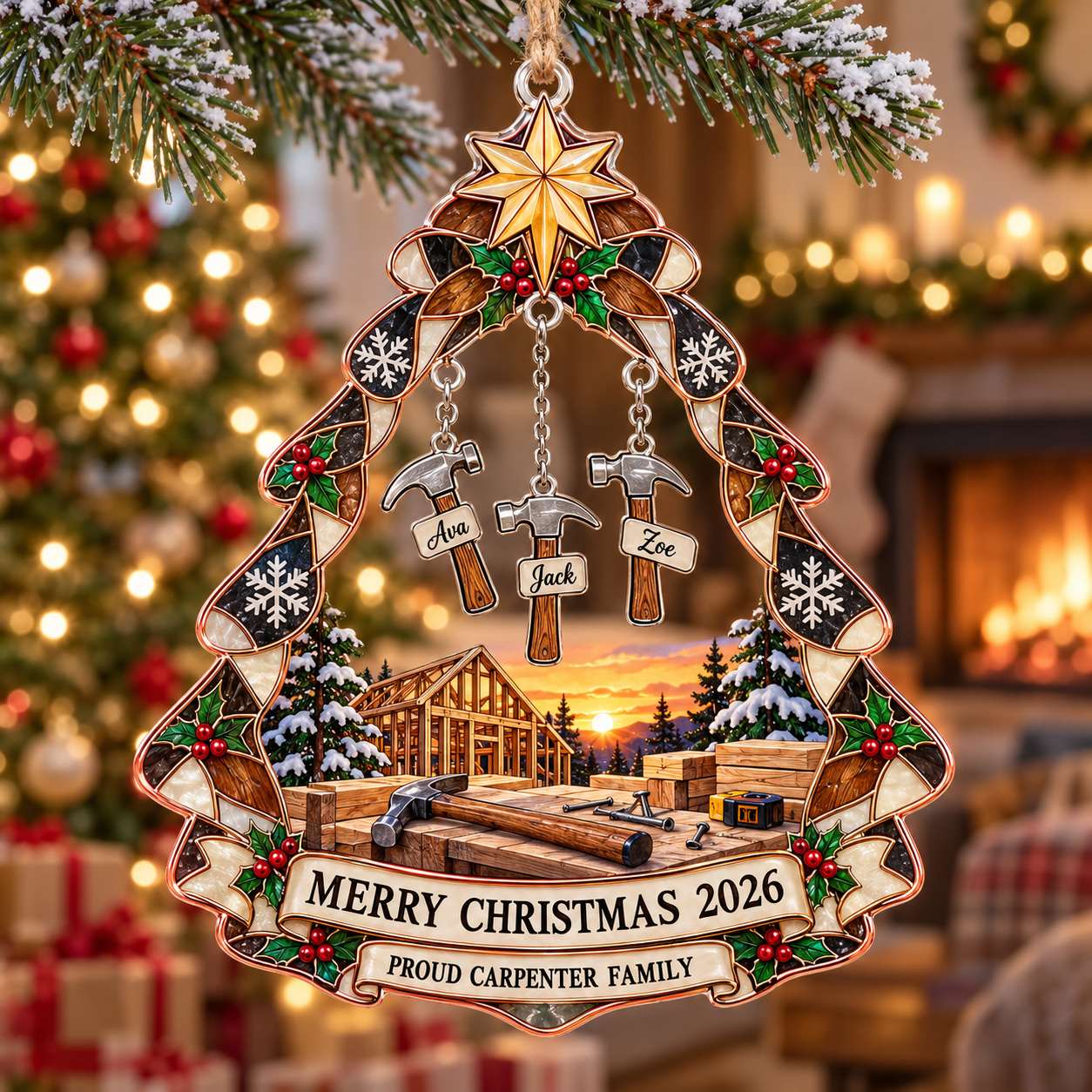 Stained-glass acrylic Christmas ornament with "PROUD CARPENTER FAMILY" and personalised name charms