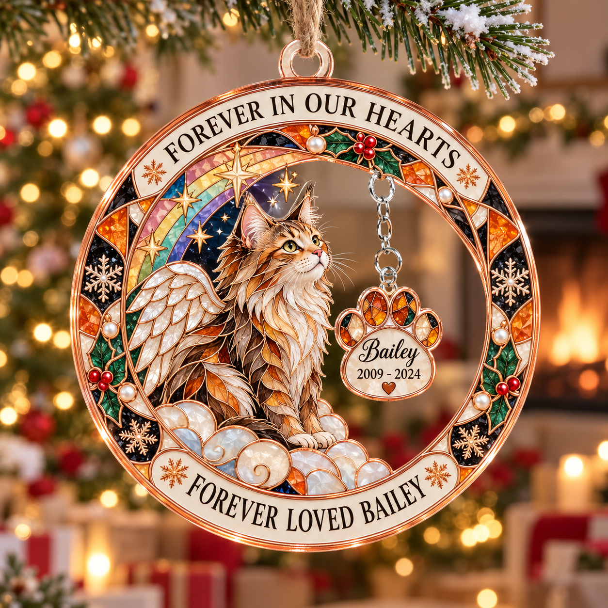 Stained-glass acrylic Christmas ornament with "FOREVER LOVED BAILEY" and personalised name charms