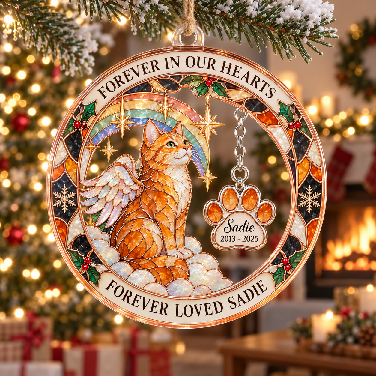 Stained-glass acrylic Christmas ornament with "FOREVER LOVED SADIE" and personalised name charms