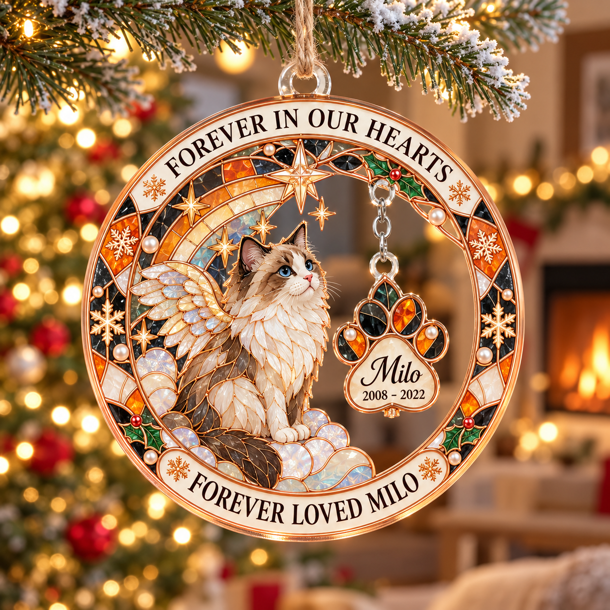 Stained-glass acrylic Christmas ornament with "FOREVER LOVED MILO" and personalised name charms