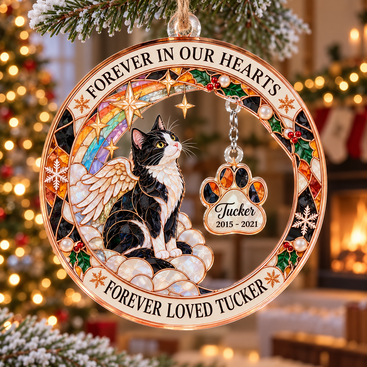Stained-glass acrylic Christmas ornament with "FOREVER LOVED TUCKER" and personalised name charms