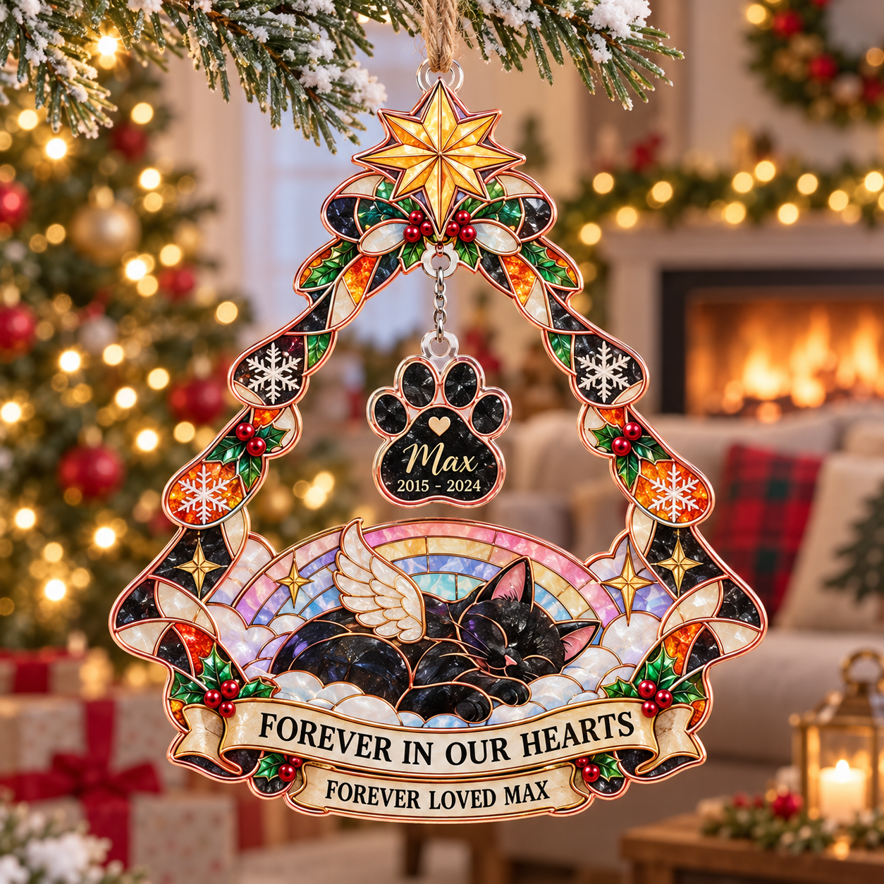 Stained-glass acrylic Christmas ornament with "FOREVER LOVED MAX" and personalised name charms