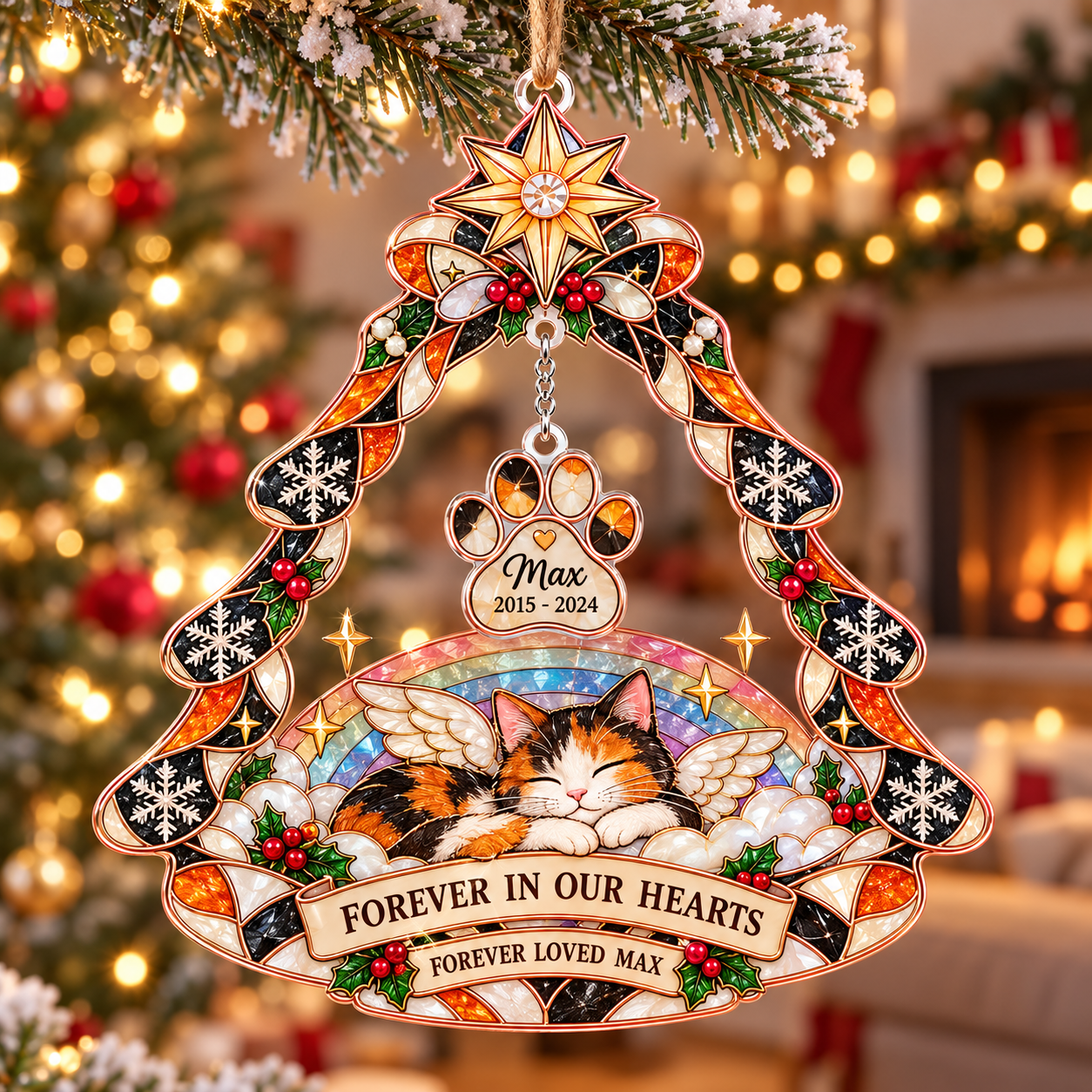 Stained-glass acrylic Christmas ornament with "FOREVER LOVED MAX" and personalised name charms
