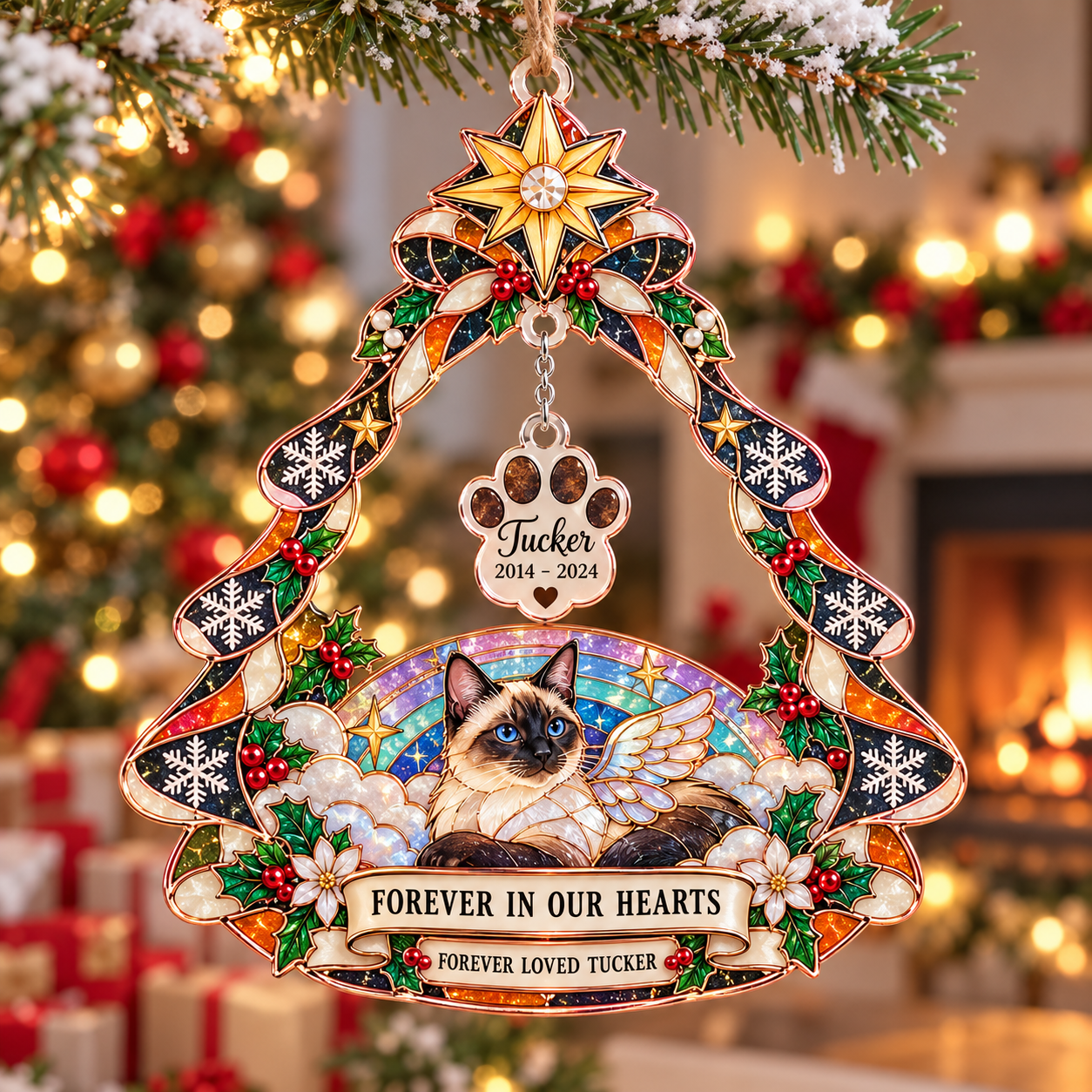 Stained-glass acrylic Christmas ornament with "FOREVER LOVED TUCKER" and personalised name charms