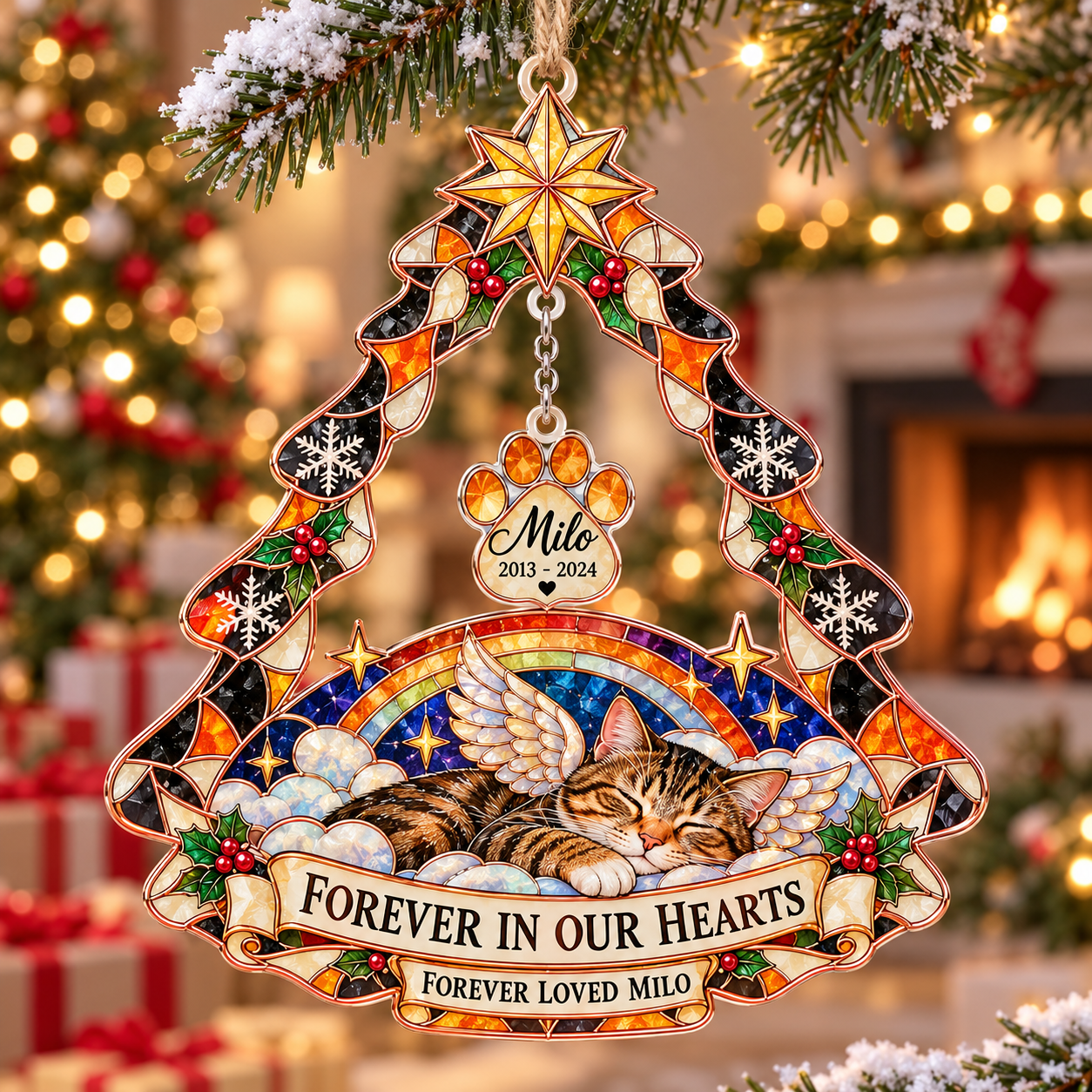 Stained-glass acrylic Christmas ornament with "FOREVER LOVED MILO" and personalised name charms