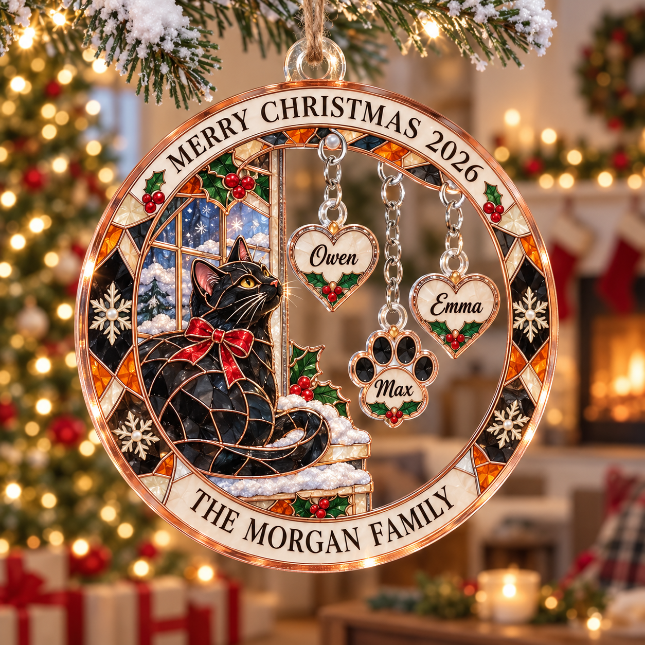 Stained-glass acrylic Christmas ornament with "THE MORGAN FAMILY" and personalised name charms