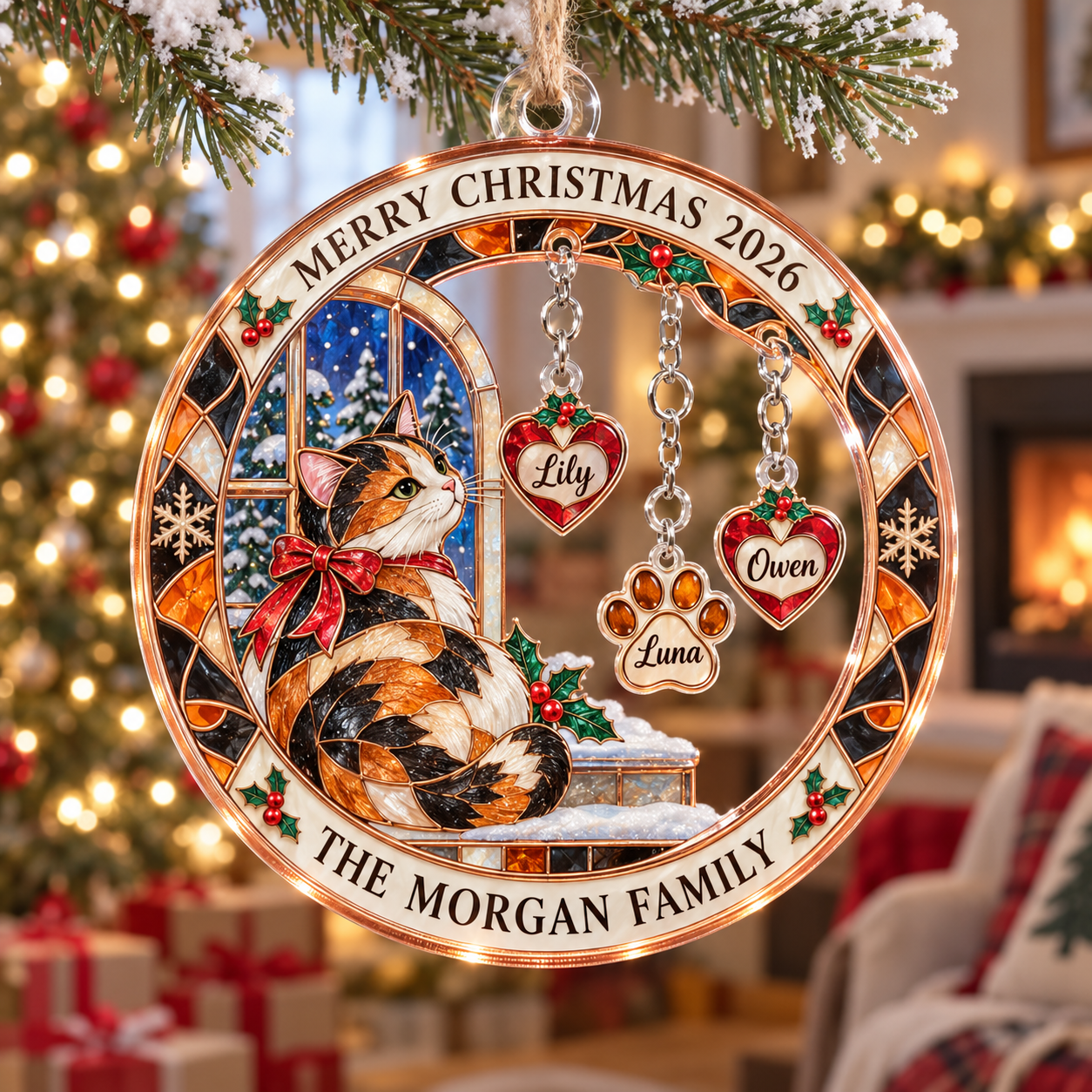 Stained-glass acrylic Christmas ornament with "THE MORGAN FAMILY" and personalised name charms