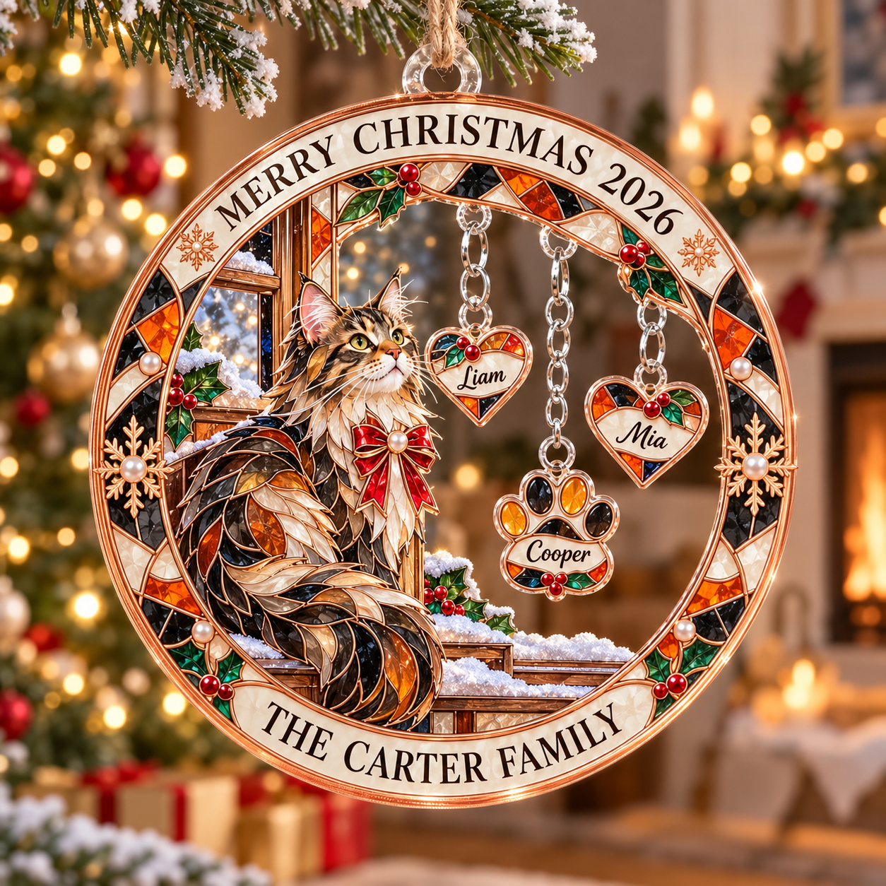 Stained-glass acrylic Christmas ornament with "THE CARTER FAMILY" and personalised name charms