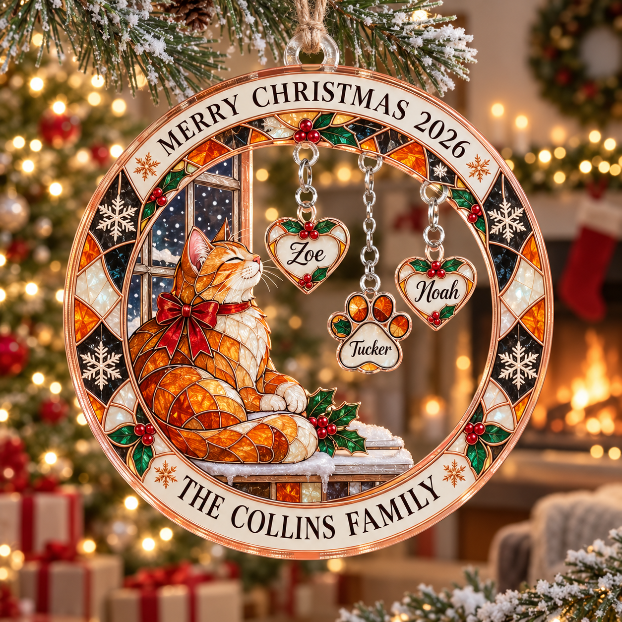 Stained-glass acrylic Christmas ornament with "THE COLLINS FAMILY" and personalised name charms