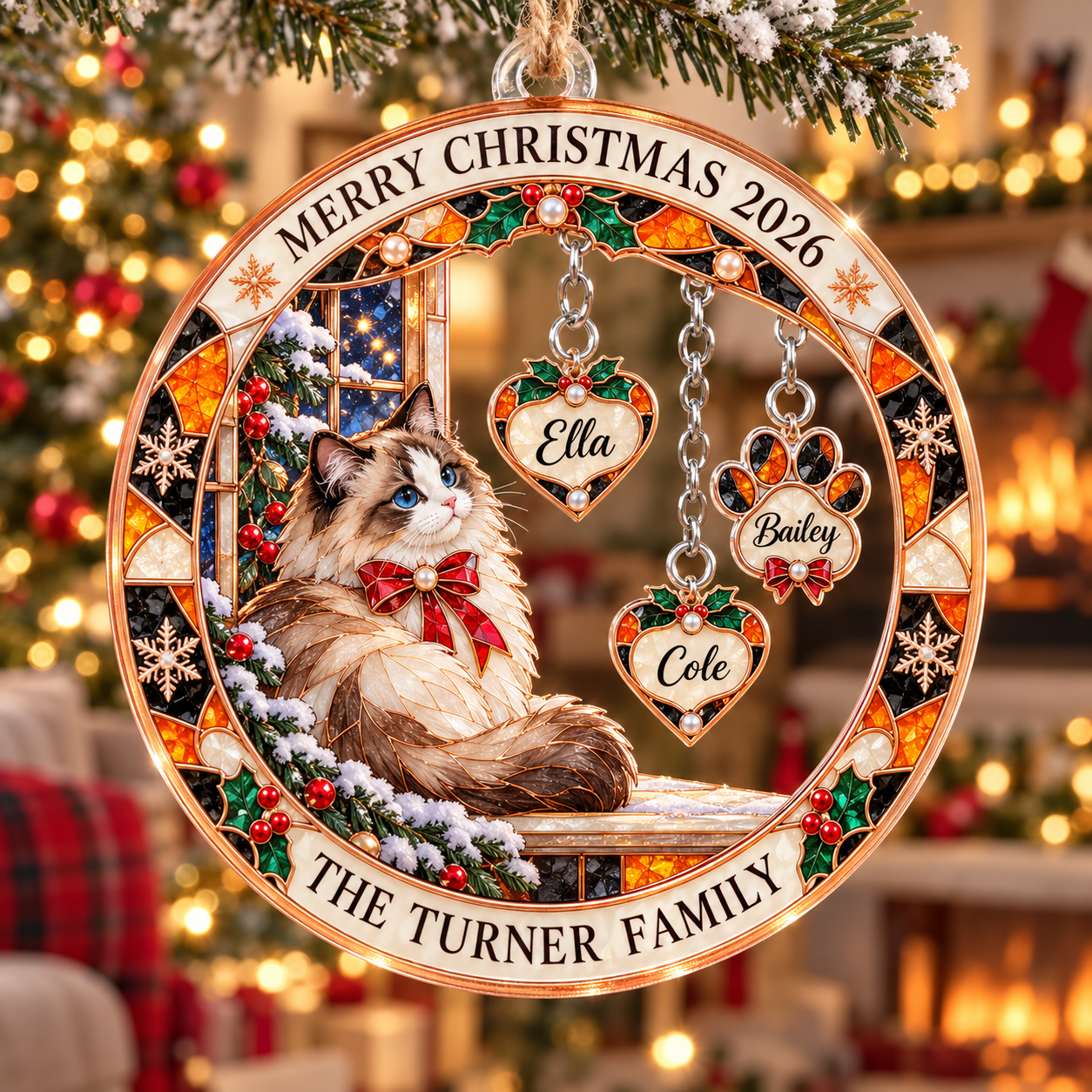 Stained-glass acrylic Christmas ornament with "THE TURNER FAMILY" and personalised name charms
