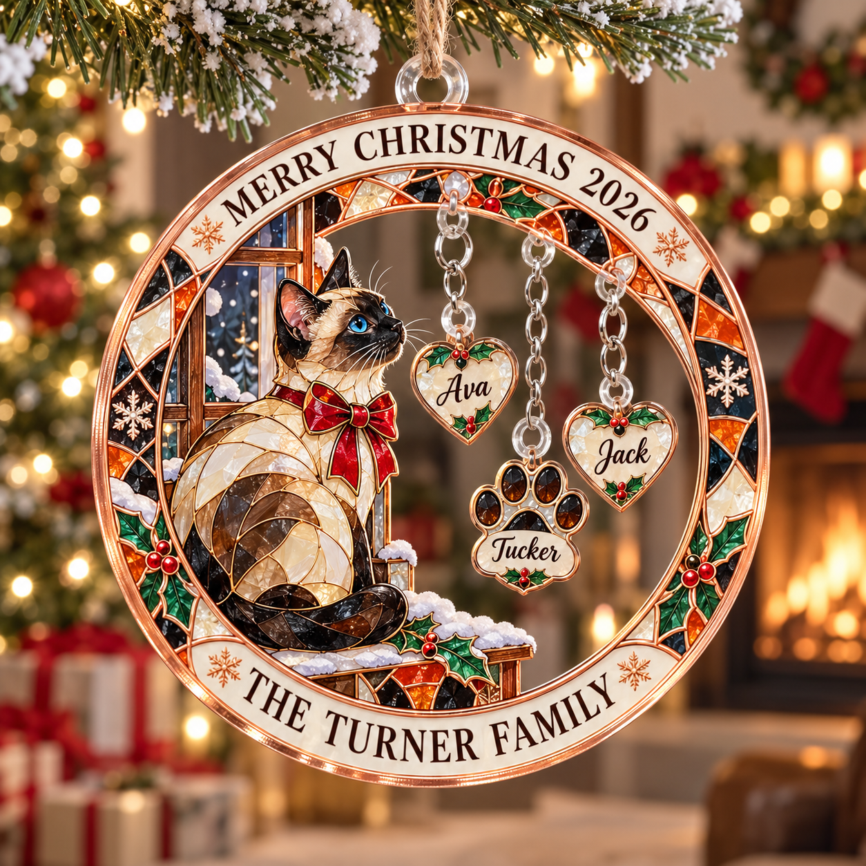 Stained-glass acrylic Christmas ornament with "THE TURNER FAMILY" and personalised name charms