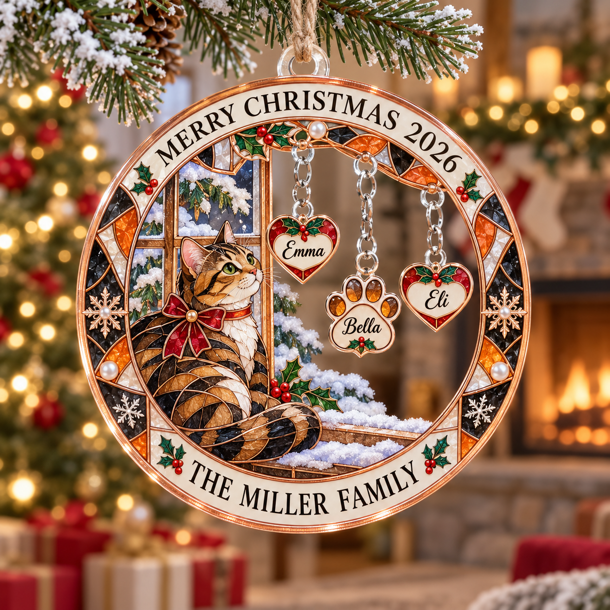 Stained-glass acrylic Christmas ornament with "THE MILLER FAMILY" and personalised name charms
