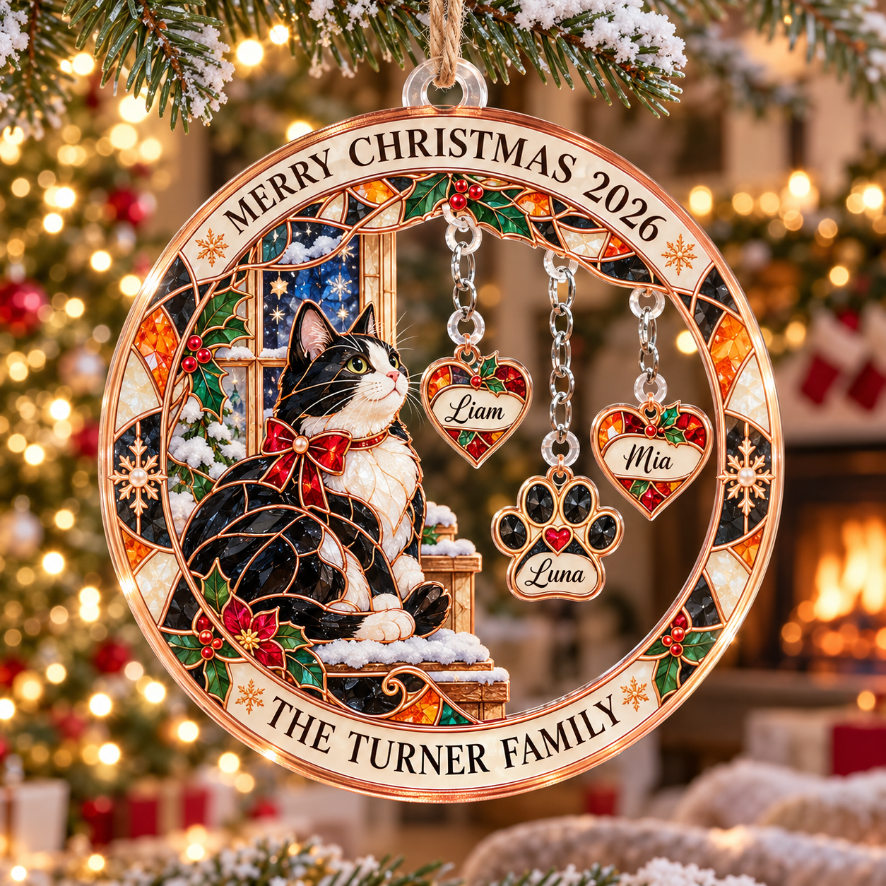 Stained-glass acrylic Christmas ornament with "THE TURNER FAMILY" and personalised name charms