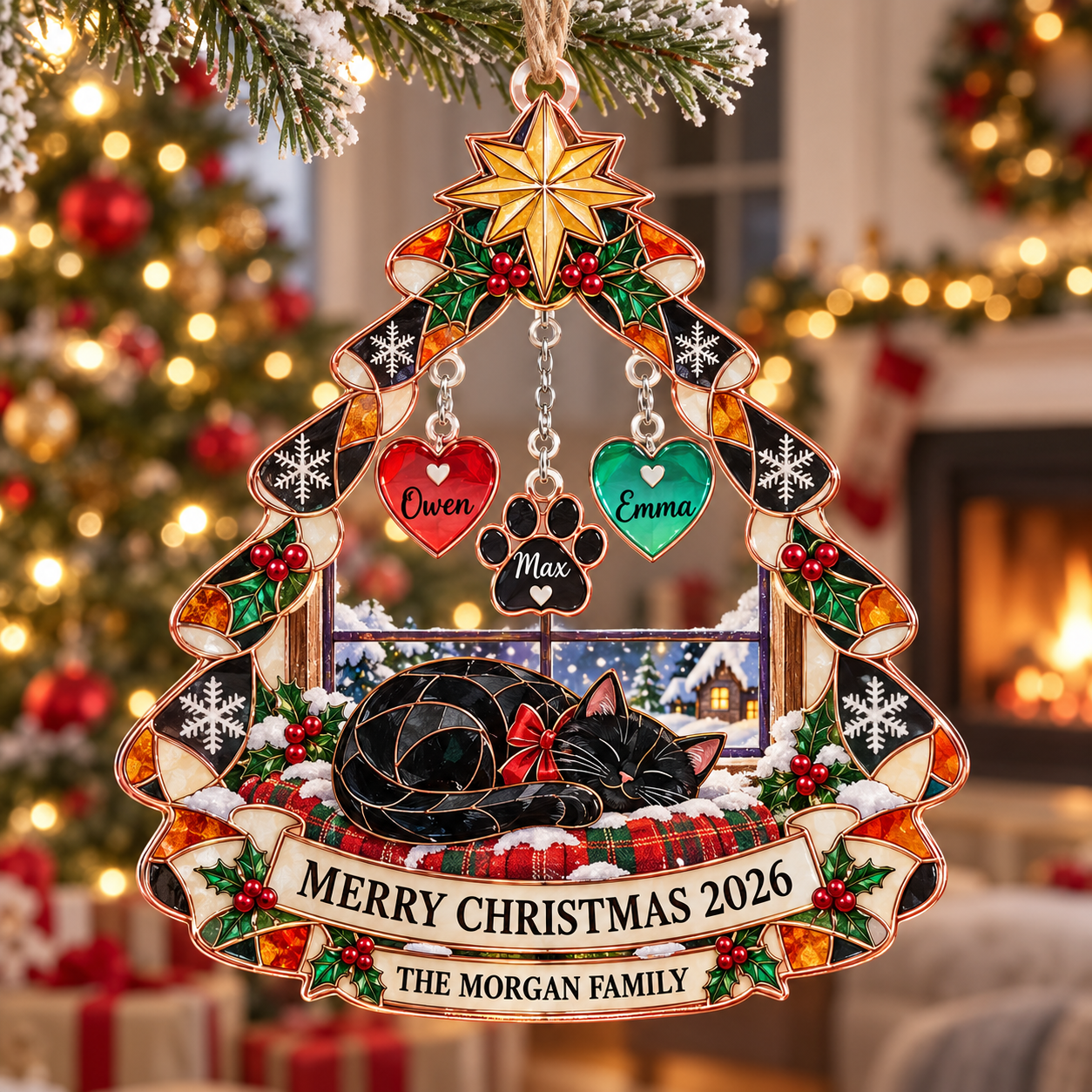 Stained-glass acrylic Christmas ornament with "THE MORGAN FAMILY" and personalised name charms