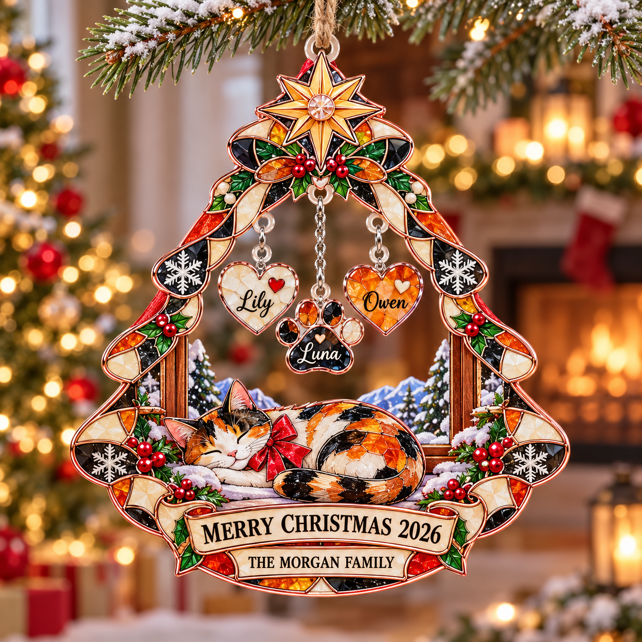 Stained-glass acrylic Christmas ornament with "THE MORGAN FAMILY" and personalised name charms