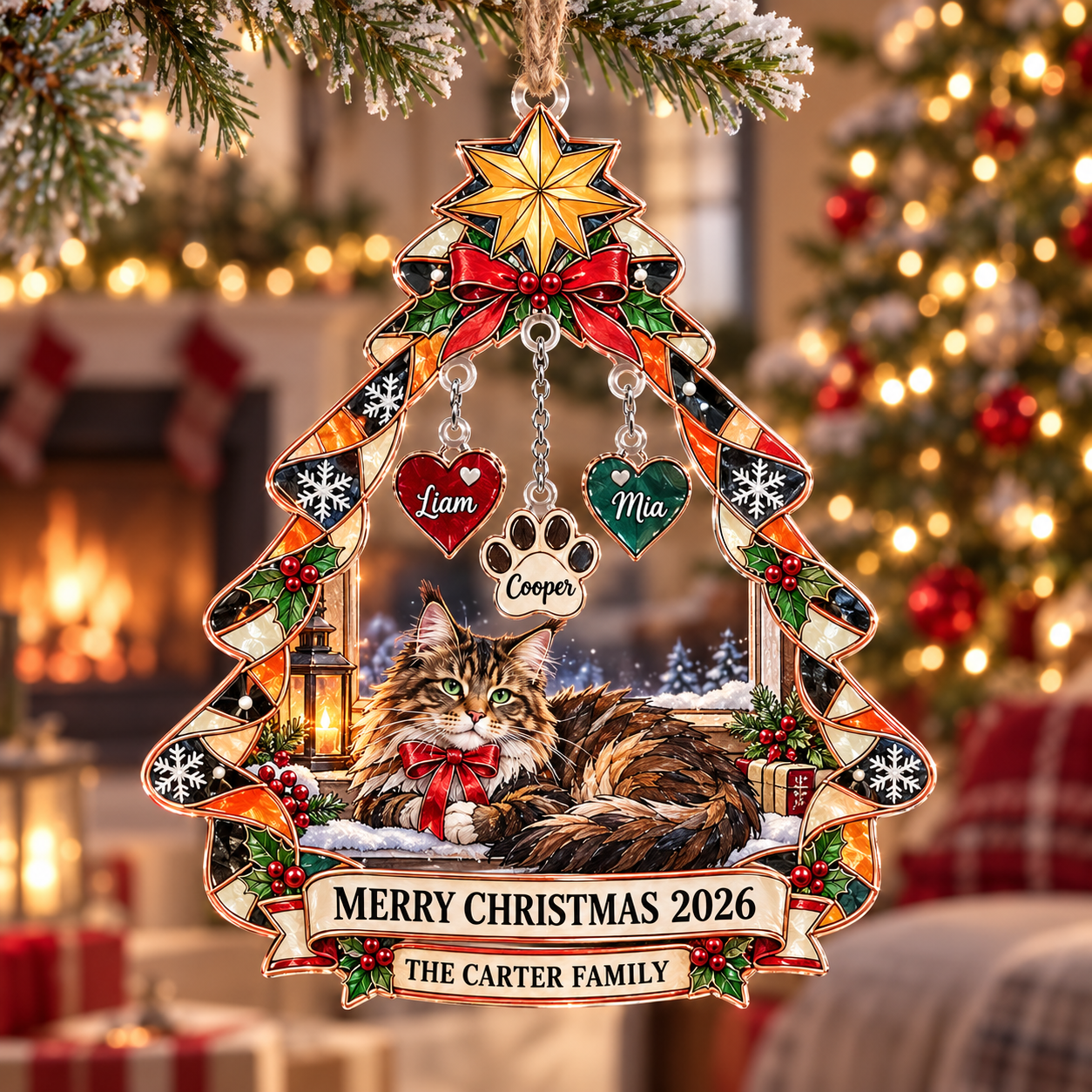 Stained-glass acrylic Christmas ornament with "THE CARTER FAMILY" and personalised name charms