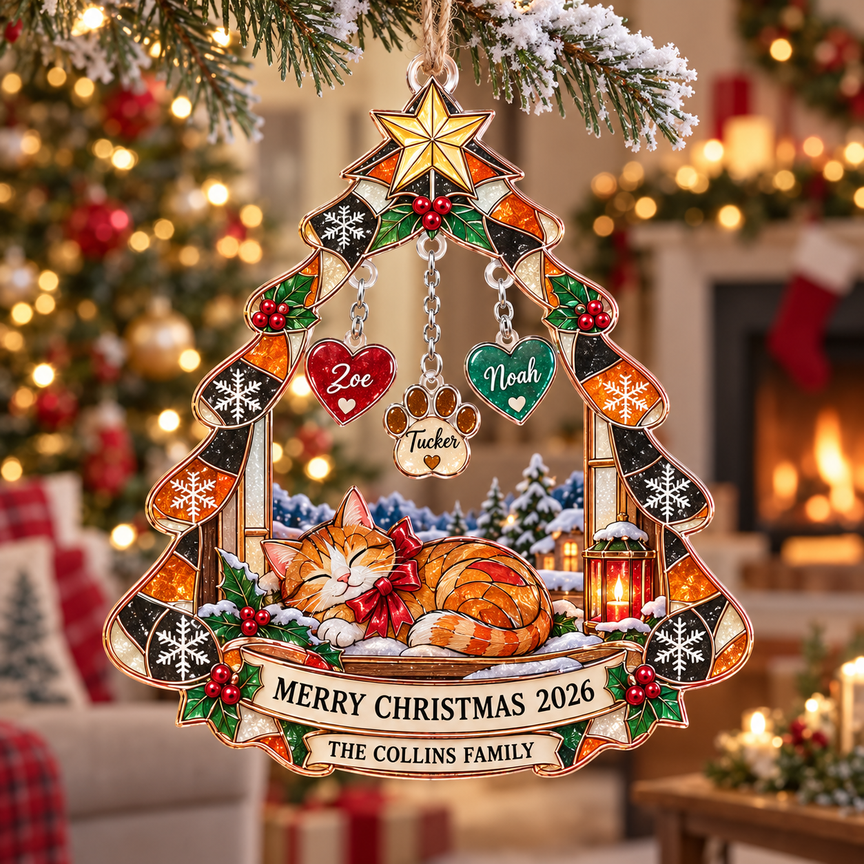 Stained-glass acrylic Christmas ornament with "THE COLLINS FAMILY" and personalised name charms