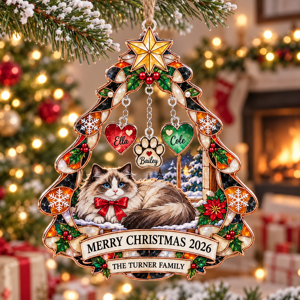 Stained-glass acrylic Christmas ornament with "THE TURNER FAMILY" and personalised name charms