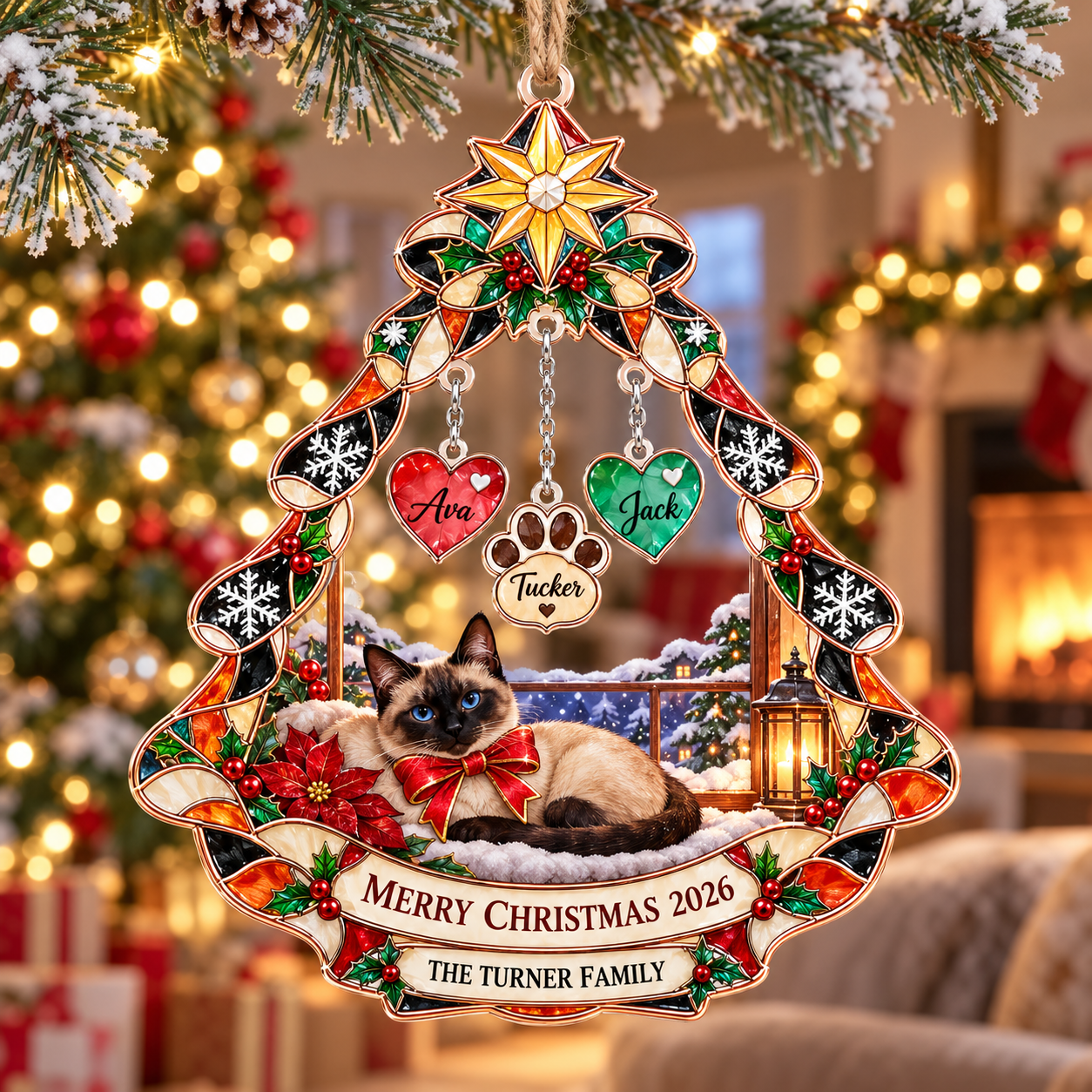 Stained-glass acrylic Christmas ornament with "THE TURNER FAMILY" and personalised name charms