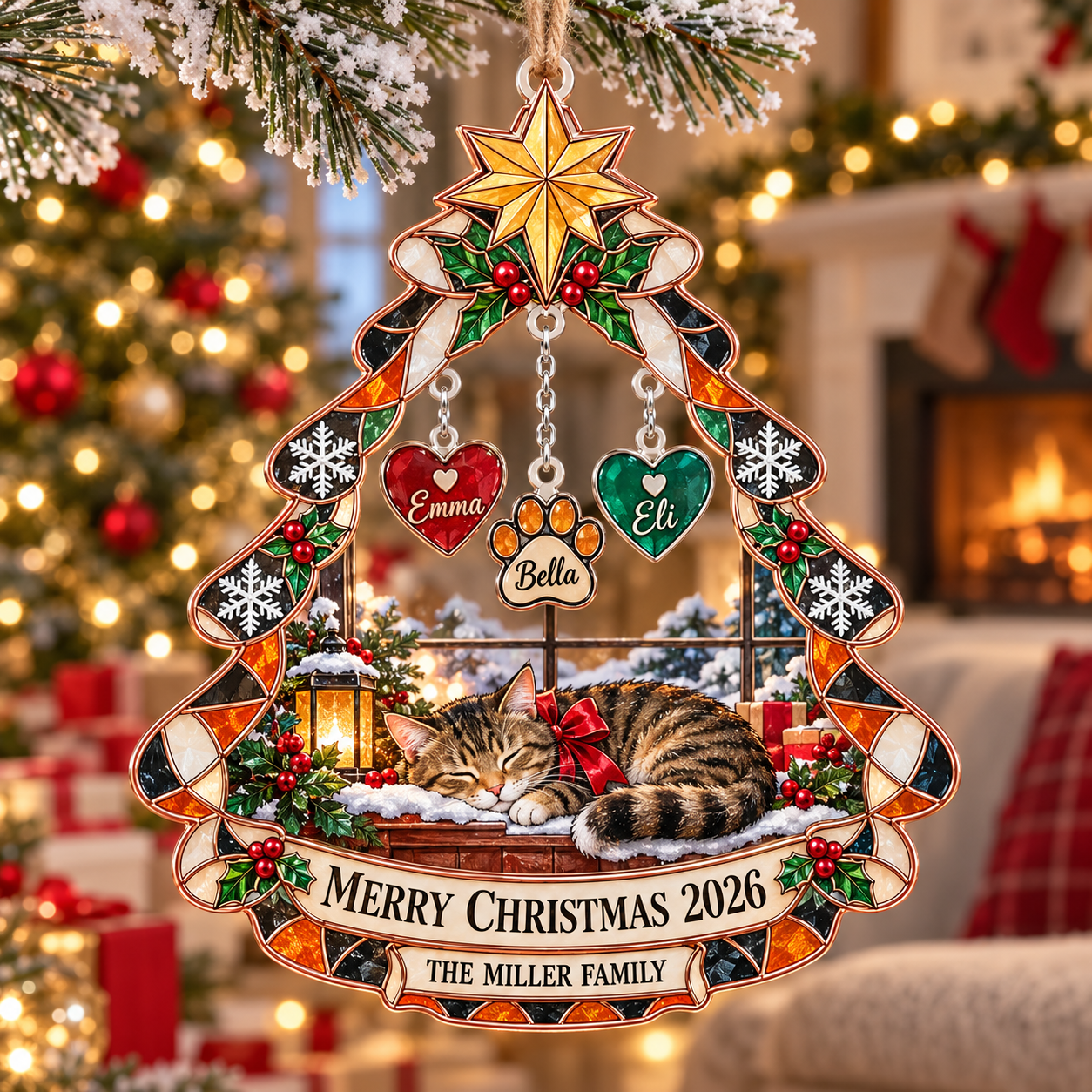 Stained-glass acrylic Christmas ornament with "THE MILLER FAMILY" and personalised name charms
