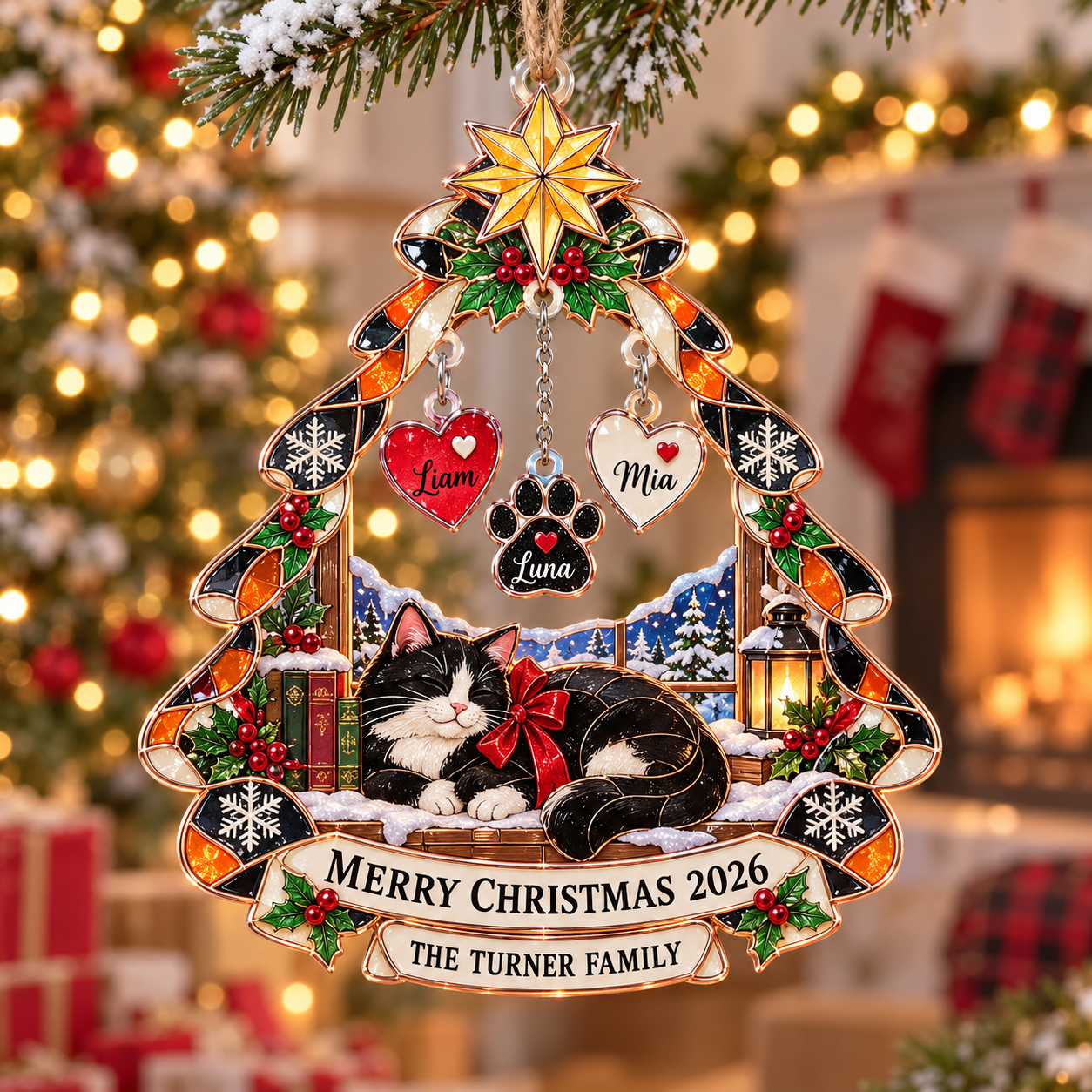 Stained-glass acrylic Christmas ornament with "THE TURNER FAMILY" and personalised name charms