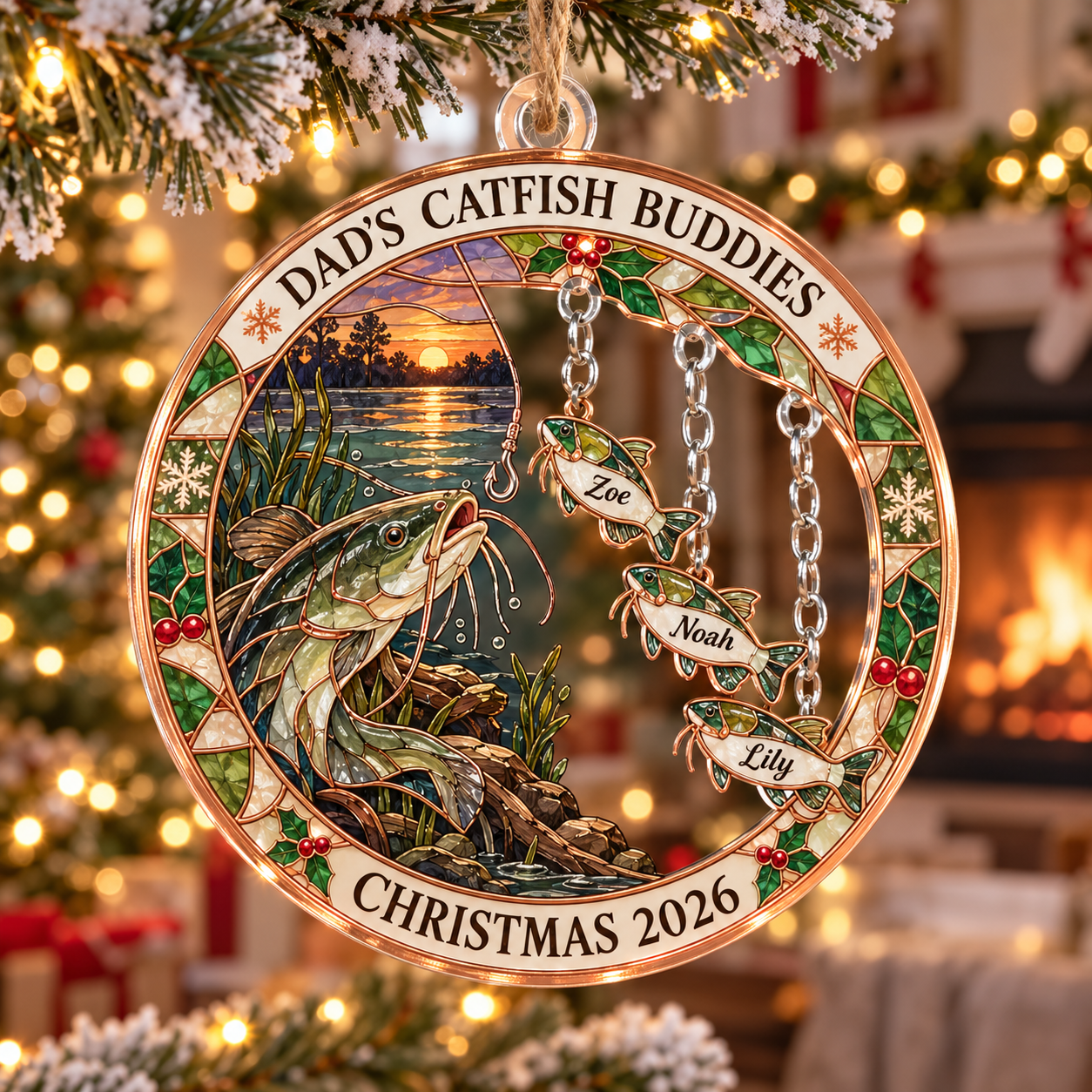 Stained-glass acrylic Christmas ornament with "DAD'S CATFISH BUDDIES" and personalised name charms