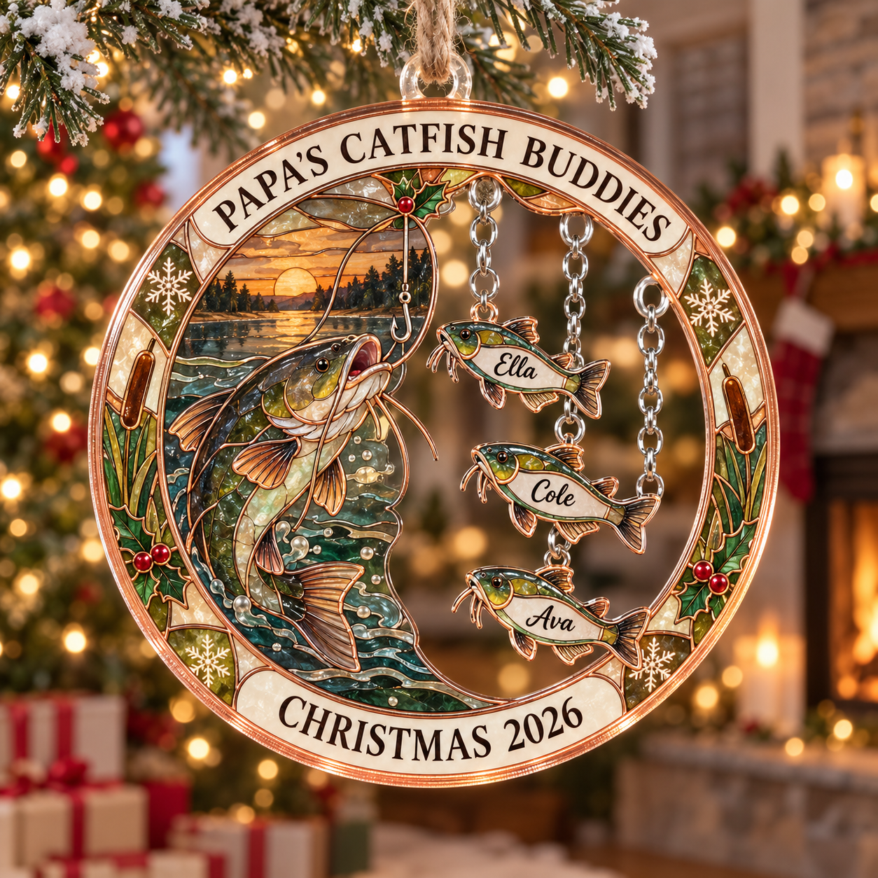 Stained-glass acrylic Christmas ornament with "PAPA'S CATFISH BUDDIES" and personalised name charms
