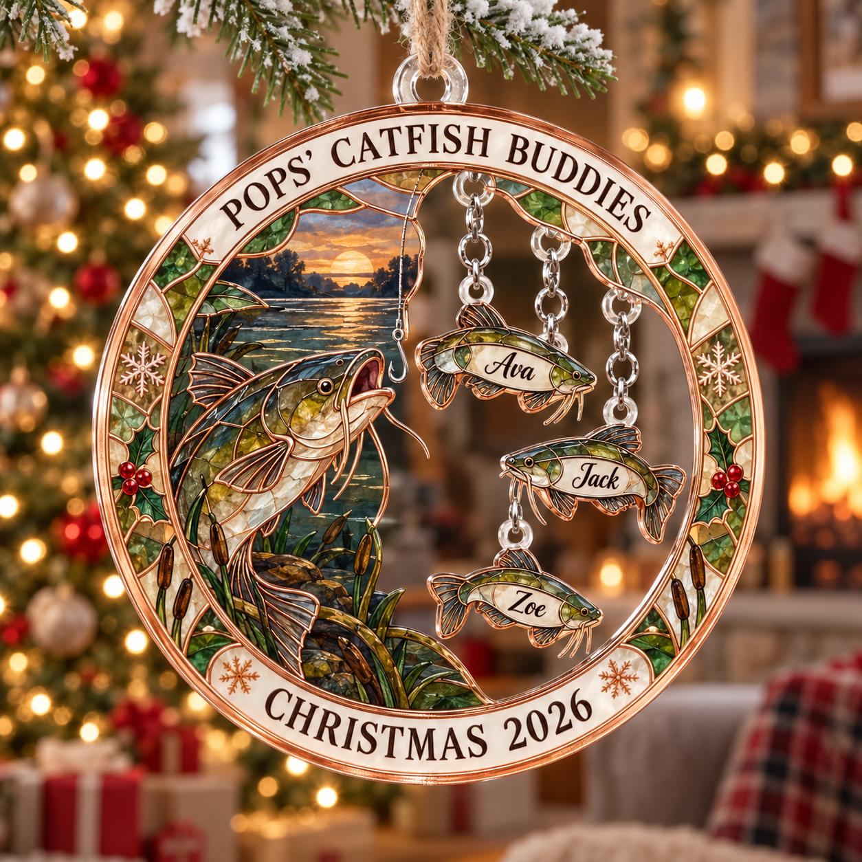Stained-glass acrylic Christmas ornament with "POPS' CATFISH BUDDIES" and personalised name charms