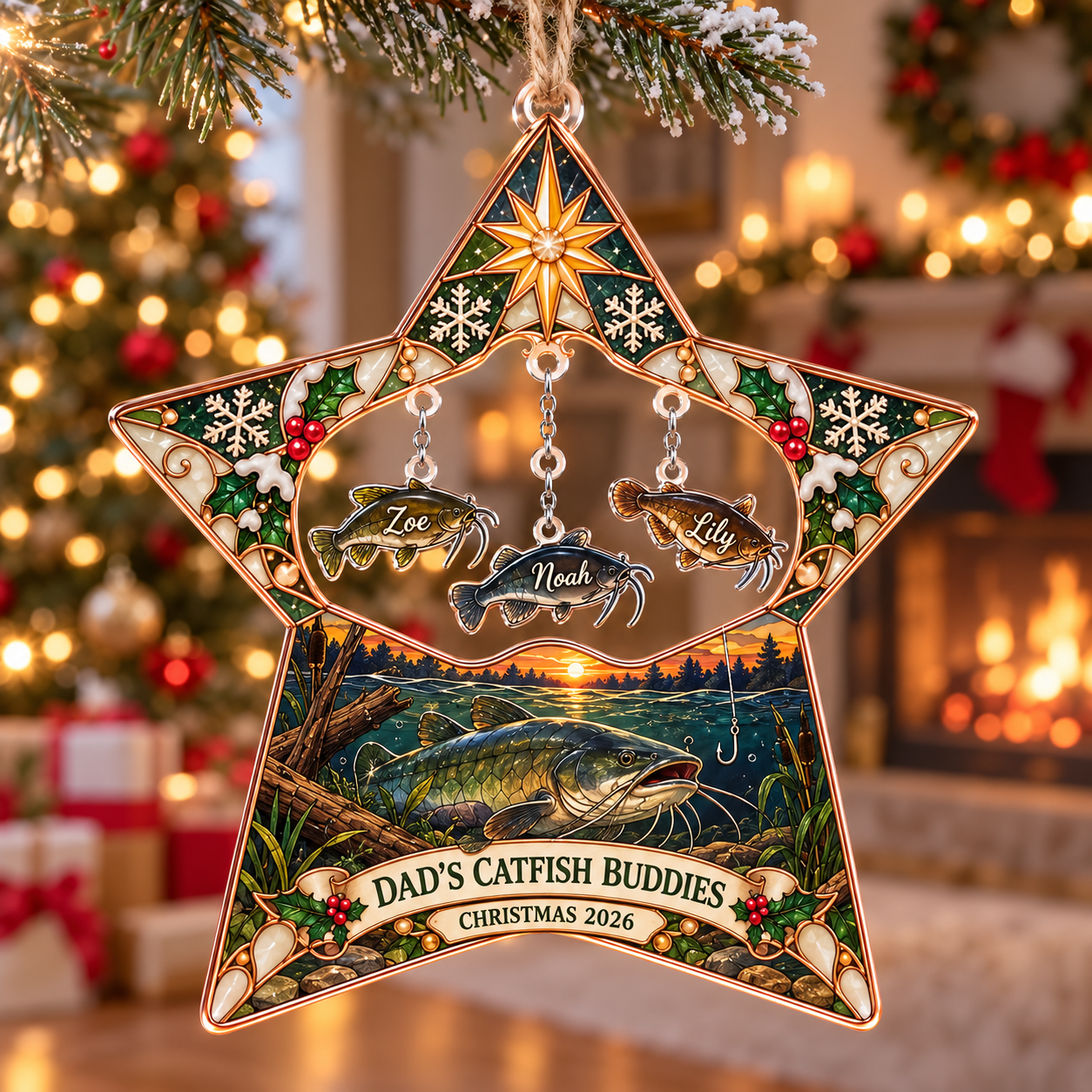 Stained-glass acrylic Christmas ornament with "DAD'S CATFISH BUDDIES" and personalised name charms