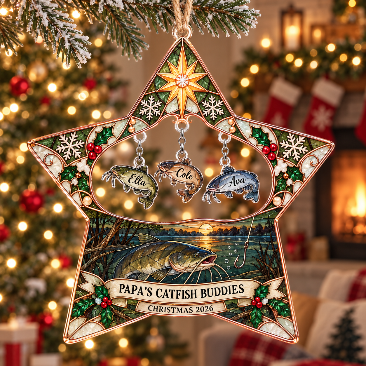 Stained-glass acrylic Christmas ornament with "PAPA'S CATFISH BUDDIES" and personalised name charms