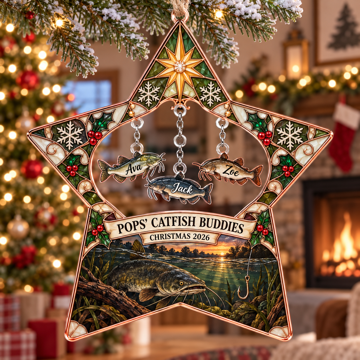 Stained-glass acrylic Christmas ornament with "POPS' CATFISH BUDDIES" and personalised name charms