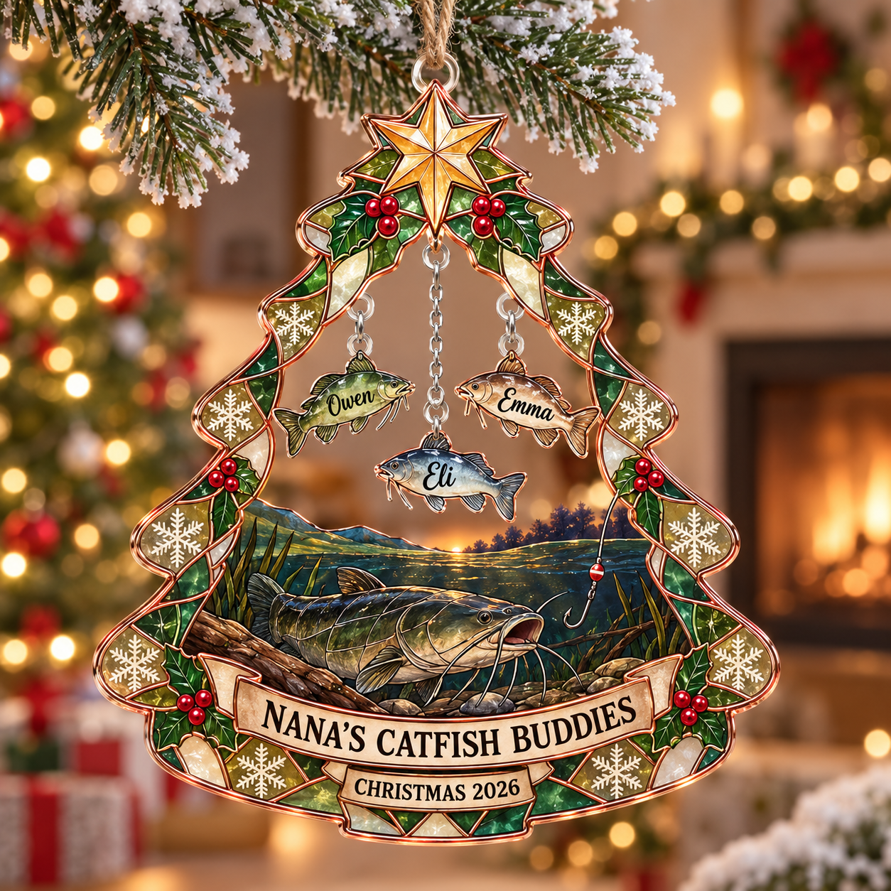 Stained-glass acrylic Christmas ornament with "NANA'S CATFISH BUDDIES" and personalised name charms