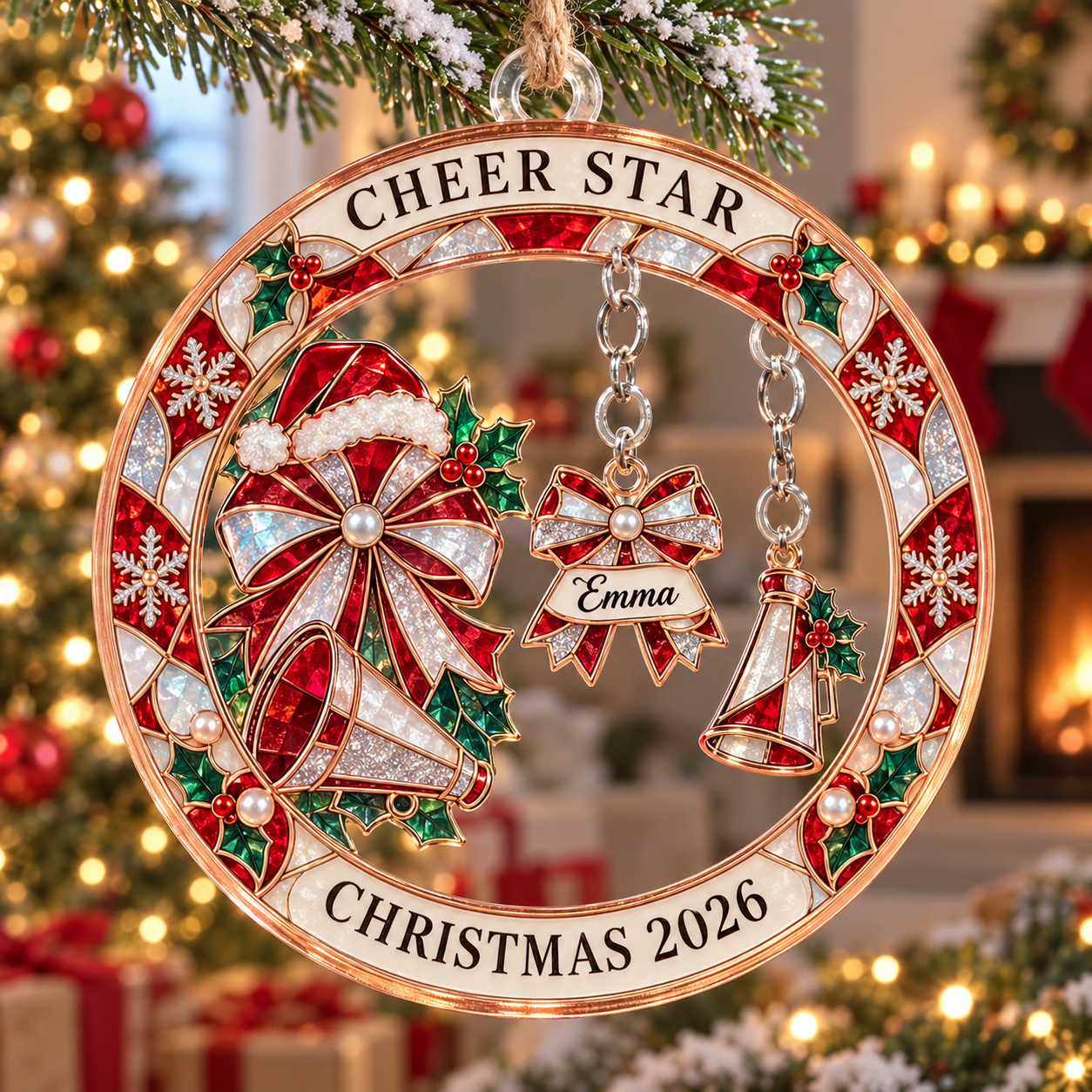 Stained-glass acrylic Christmas ornament with "CHEER STAR" and personalised name charms