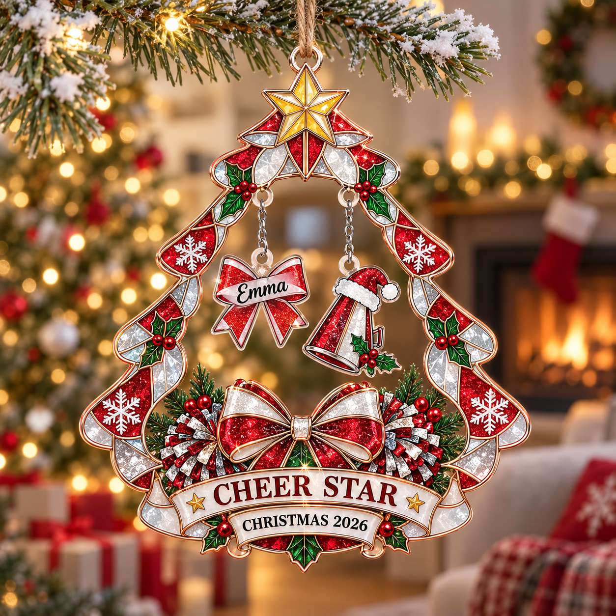 Stained-glass acrylic Christmas ornament with "CHEER STAR" and personalised name charms