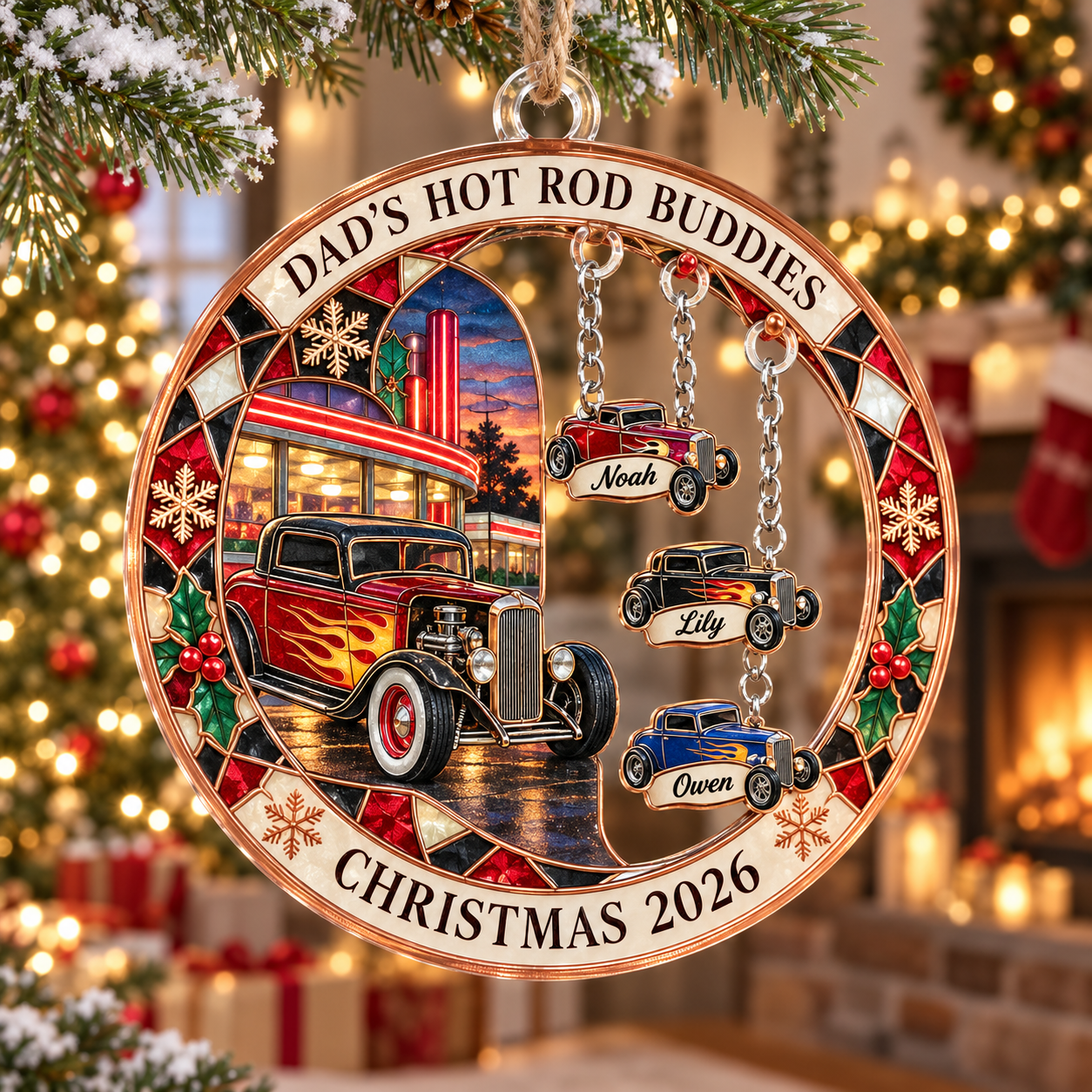 Stained-glass acrylic Christmas ornament with "DAD'S HOT ROD BUDDIES" and personalised name charms