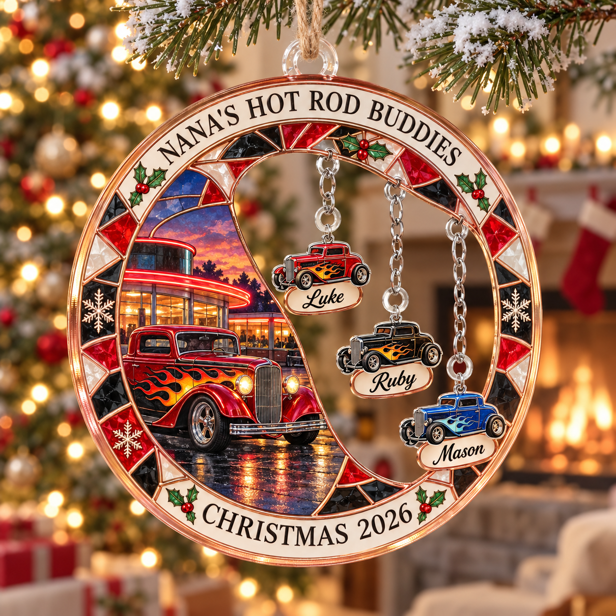 Stained-glass acrylic Christmas ornament with "NANA'S HOT ROD BUDDIES" and personalised name charms