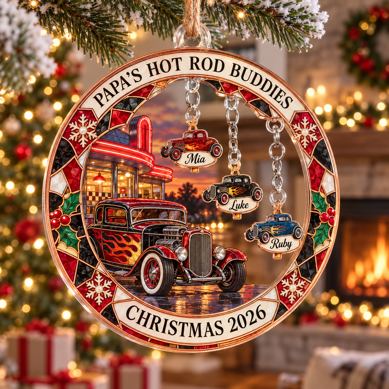 Stained-glass acrylic Christmas ornament with "PAPA'S HOT ROD BUDDIES" and personalised name charms