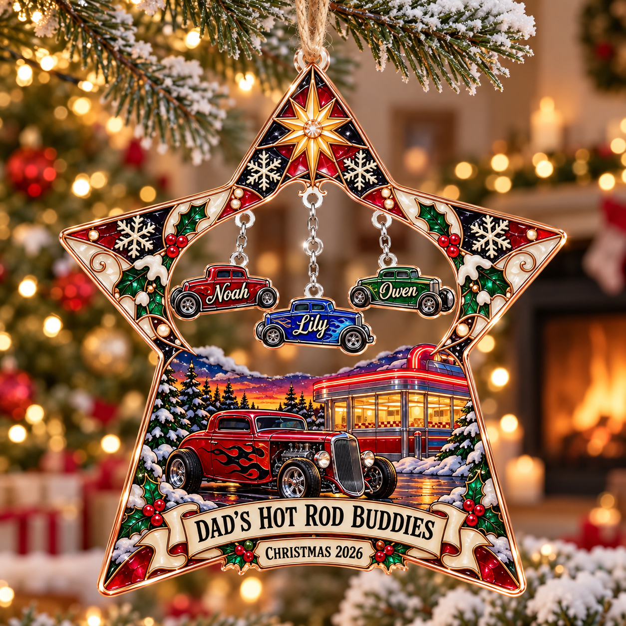 Stained-glass acrylic Christmas ornament with "DAD'S HOT ROD BUDDIES" and personalised name charms
