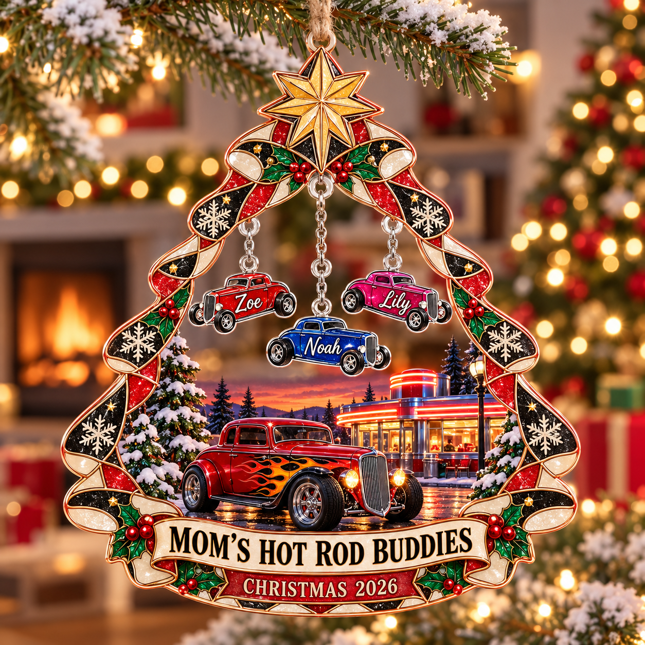 Stained-glass acrylic Christmas ornament with "MOM'S HOT ROD BUDDIES" and personalised name charms